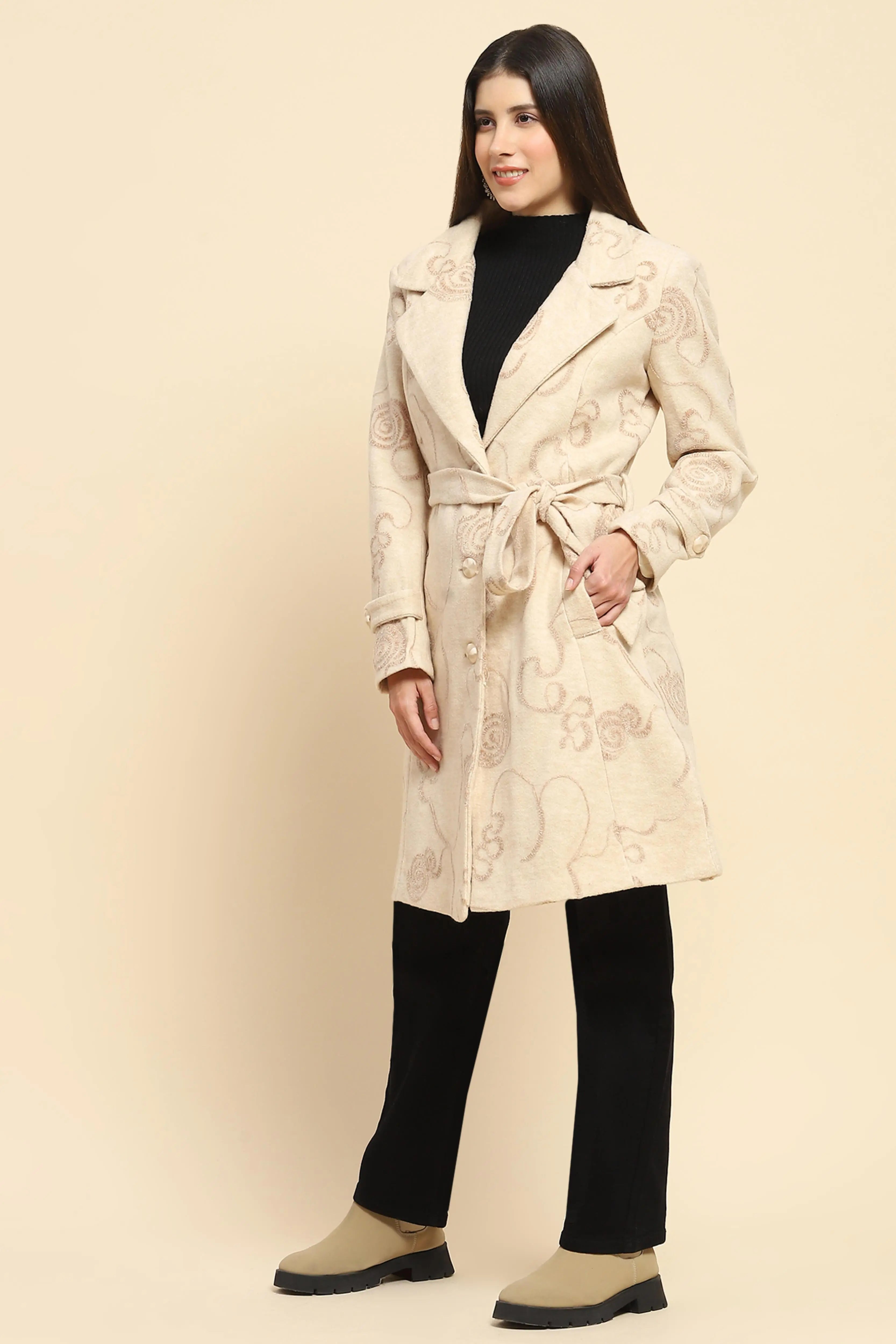 Beige Self Design Long Winter Coat - Global Republic