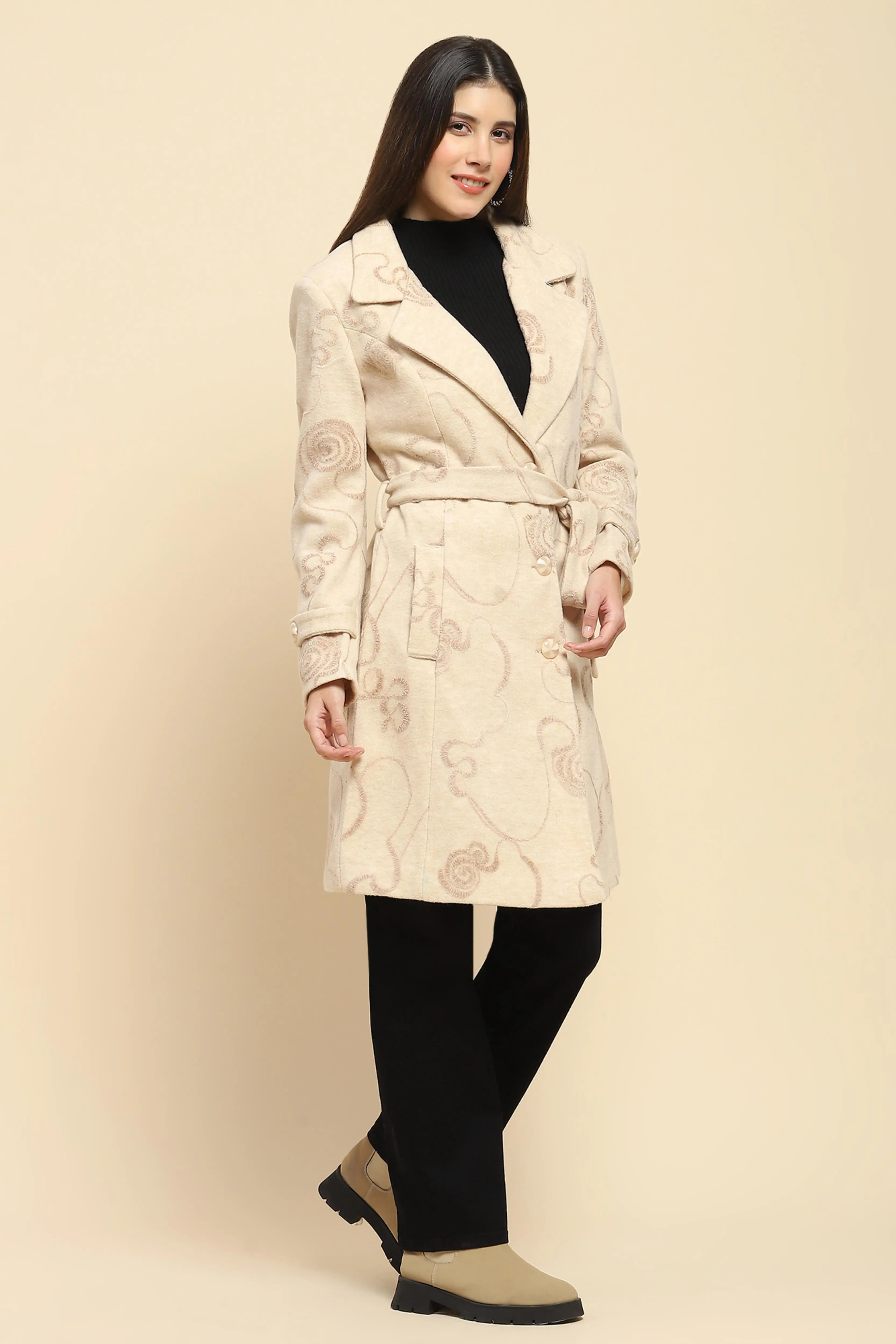 Beige Self Design Long Winter Coat - Global Republic