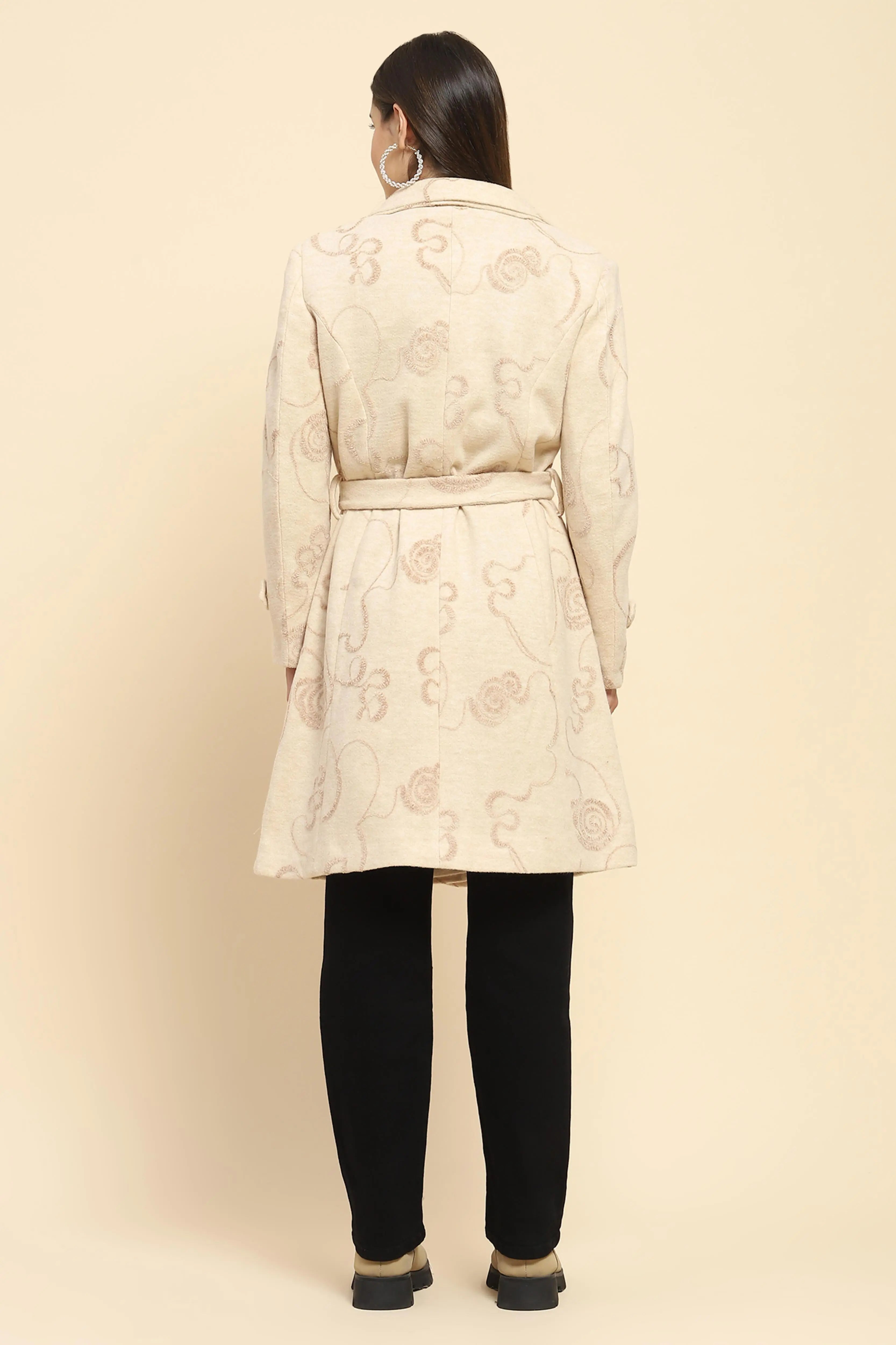 Beige Self Design Long Winter Coat - Global Republic