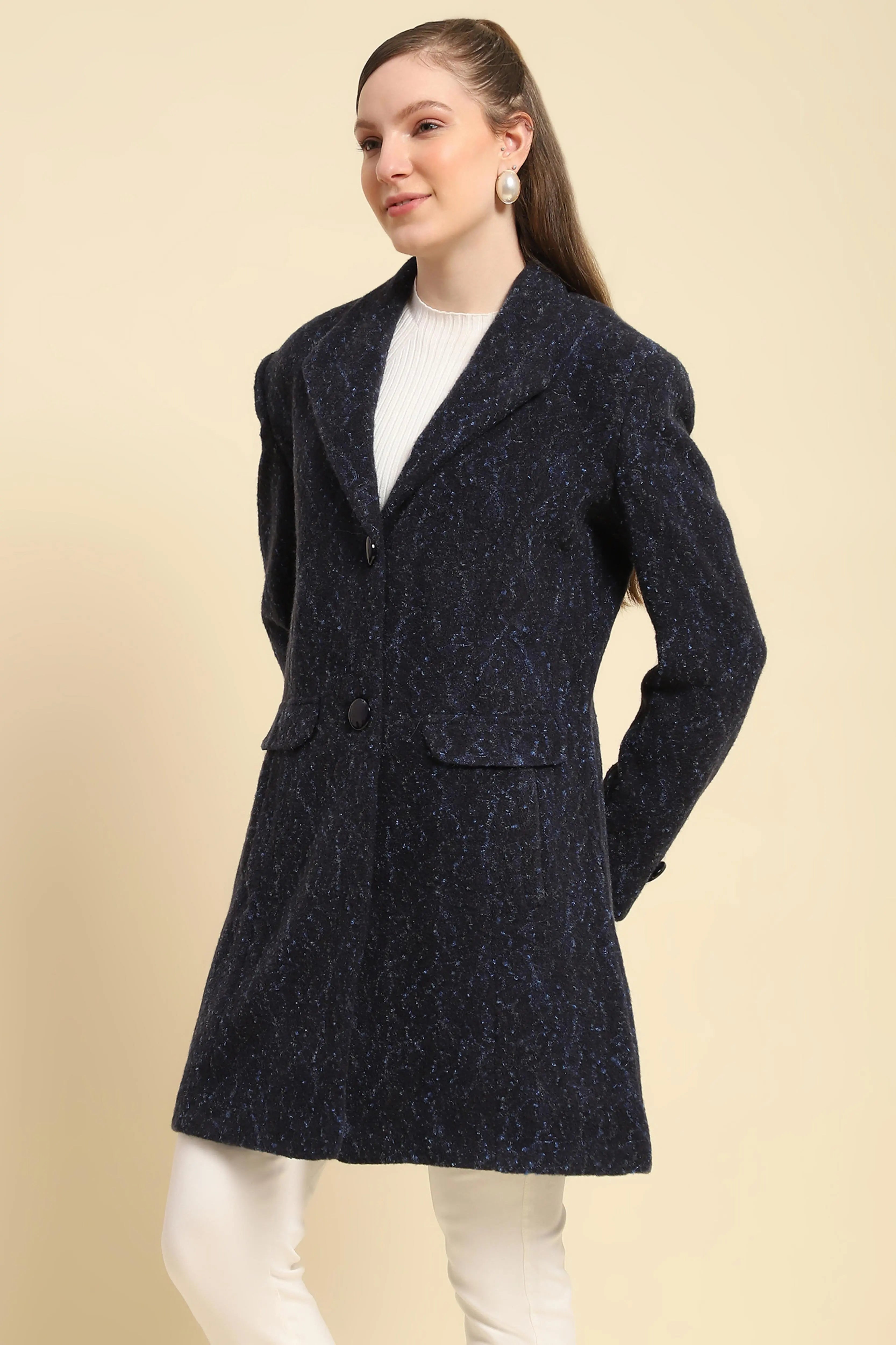 Navy Self Design  Acrylic Coat - Global Republic