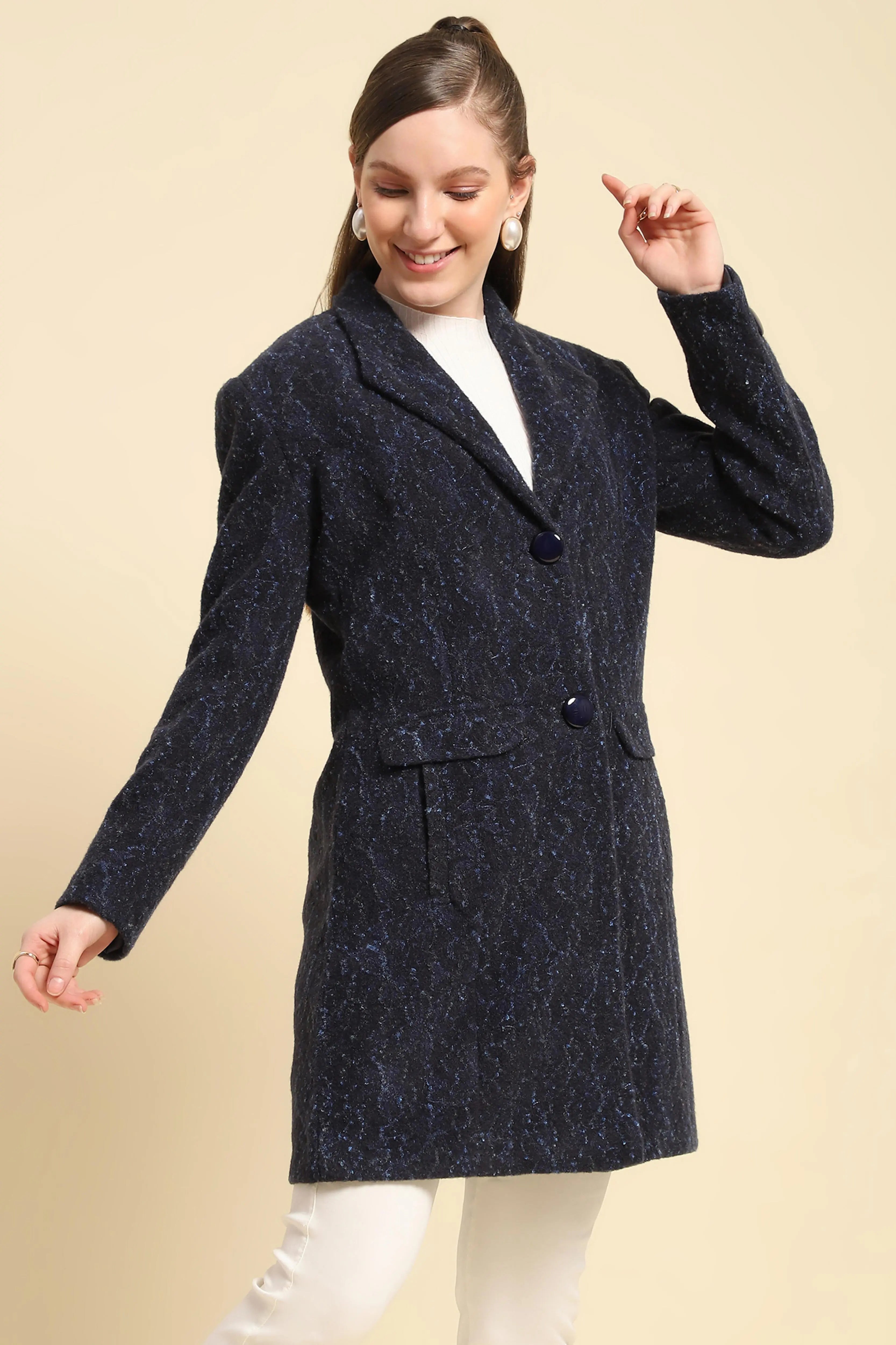 Navy Self Design Acrylic Coat - Global Republic