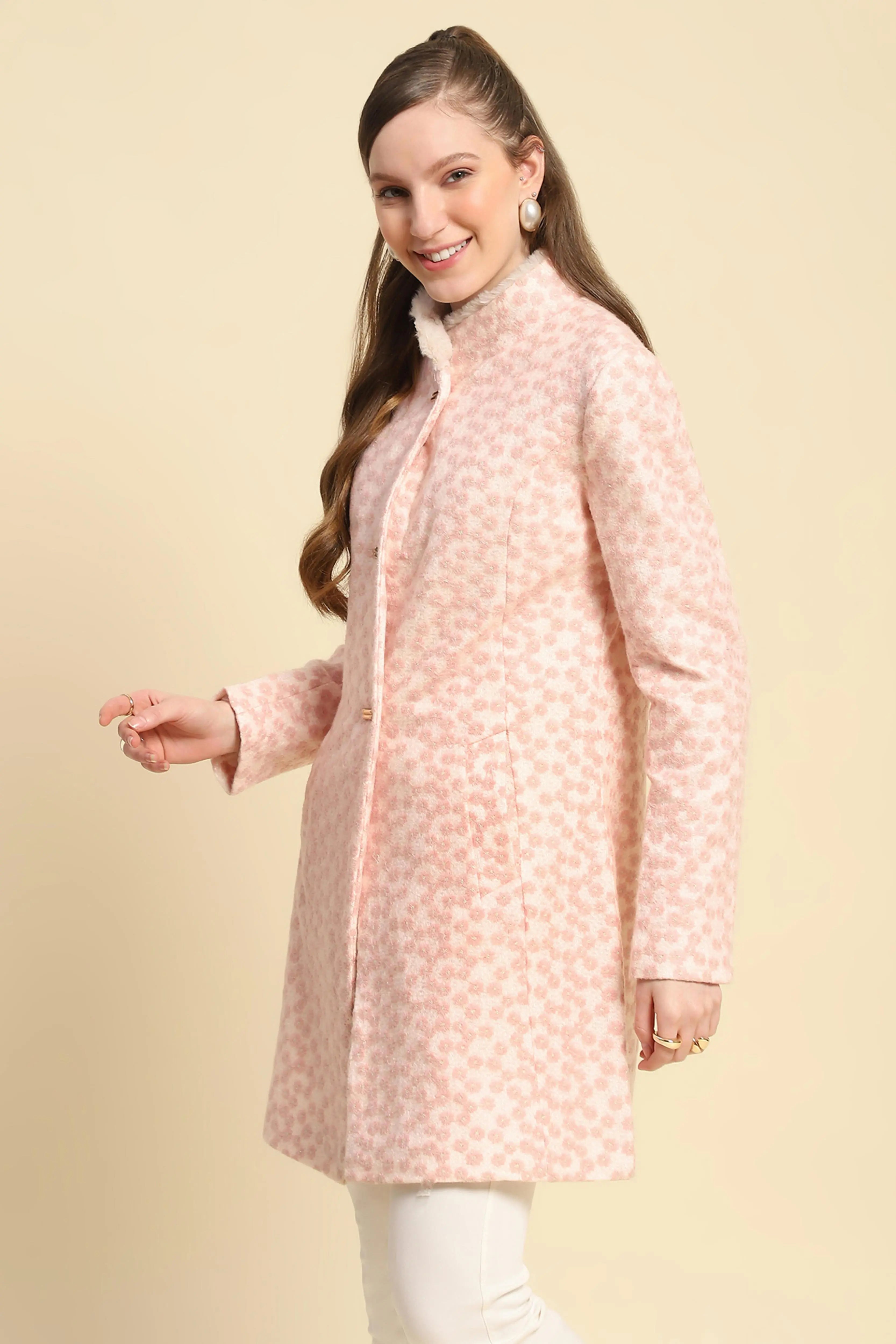 Pink Floral Embroidered  Acrylic Coat - Global Republic
