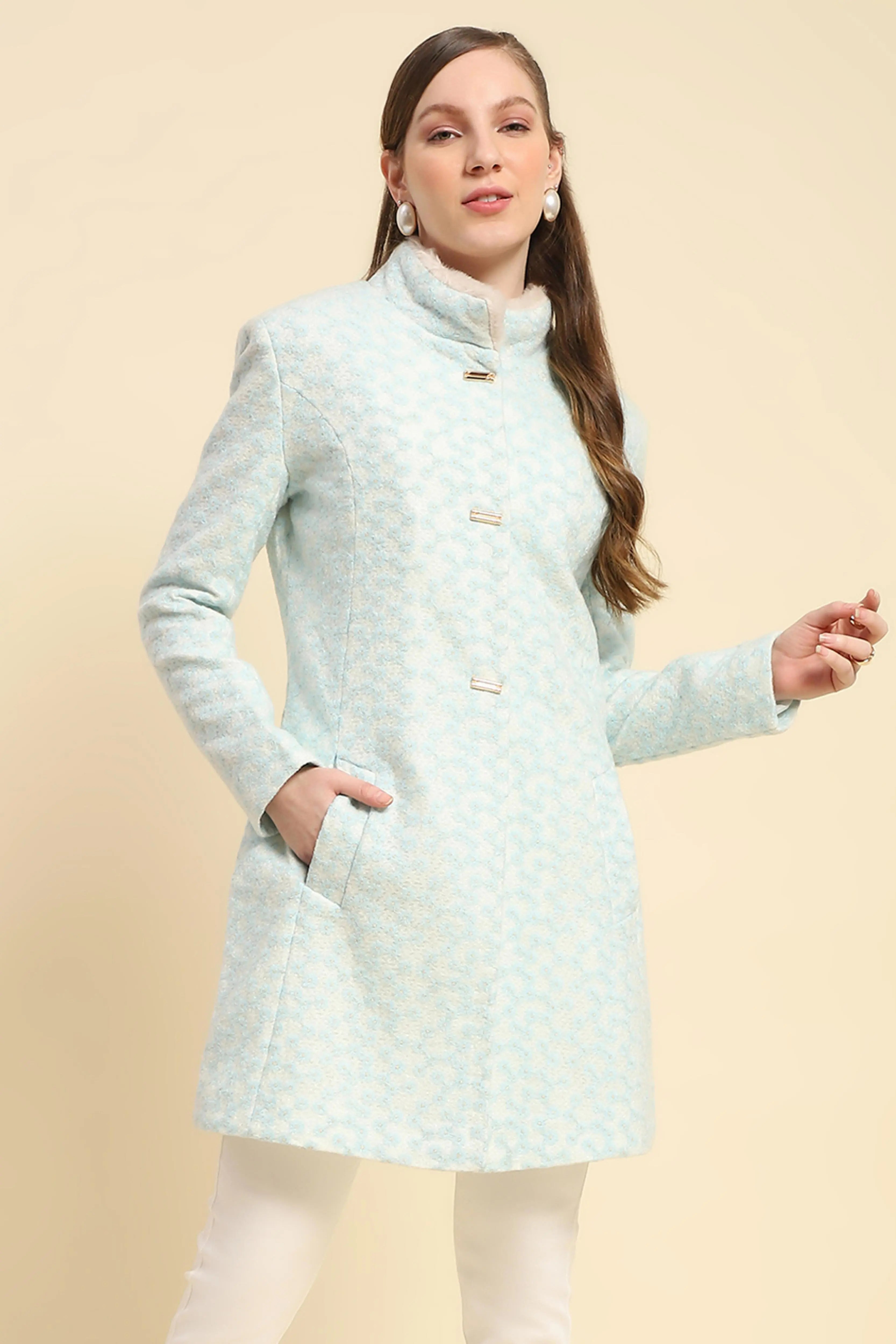 Sky Floral Embroidered  Acrylic Coat - Global Republic