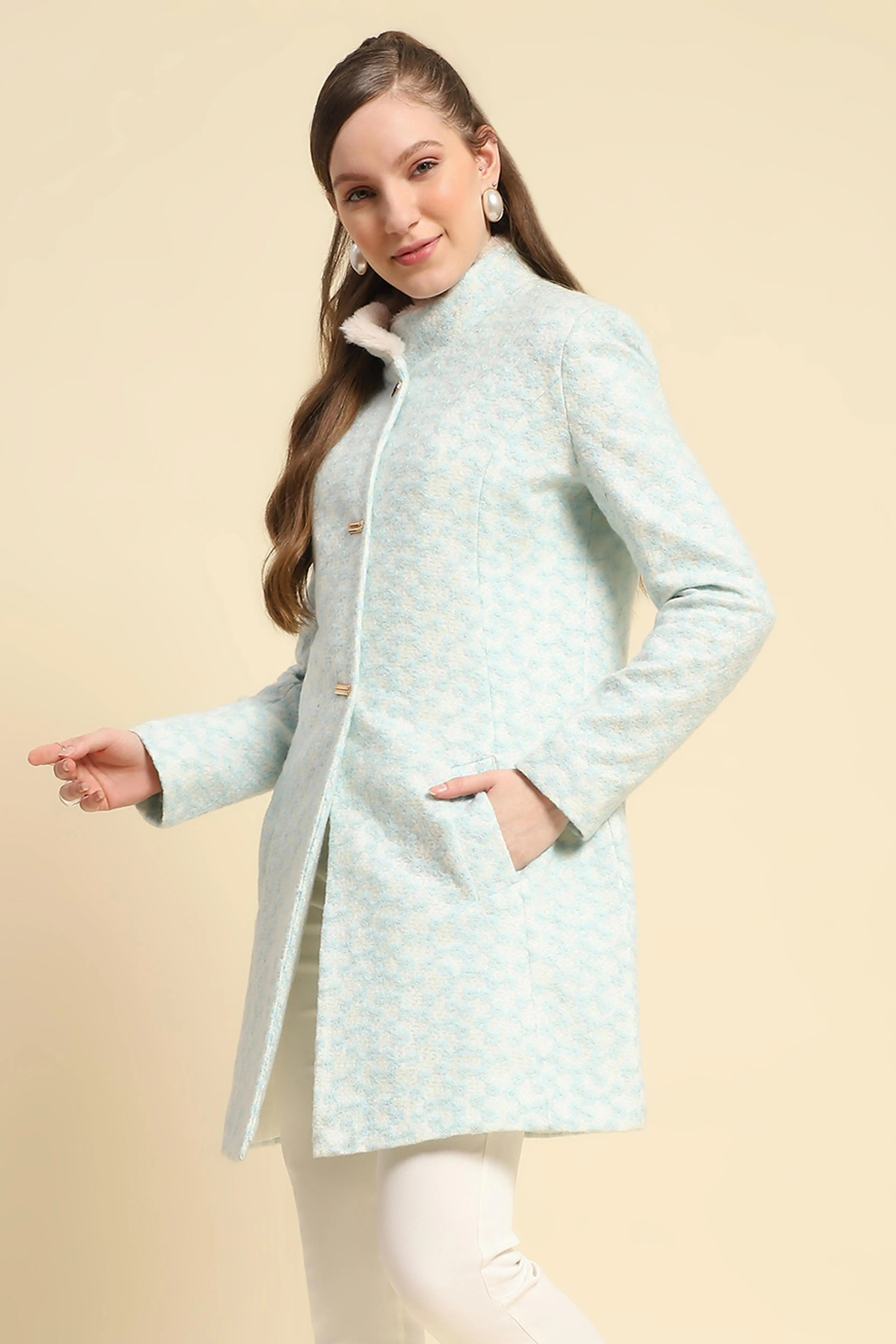 Sky Floral Embroidered  Acrylic Coat - Global Republic