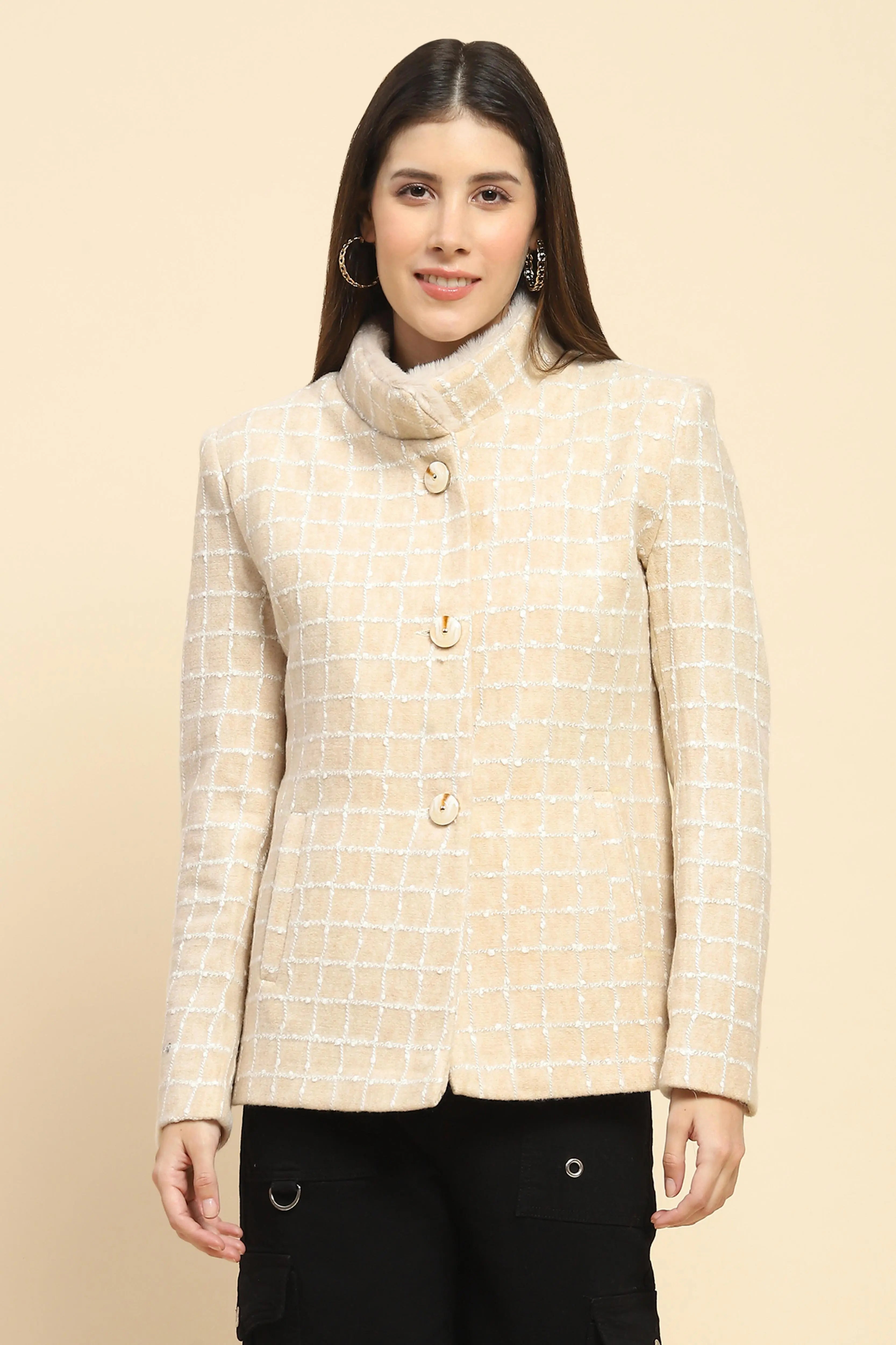 Beige  Acrylic Check Winter Coat - Global Republic