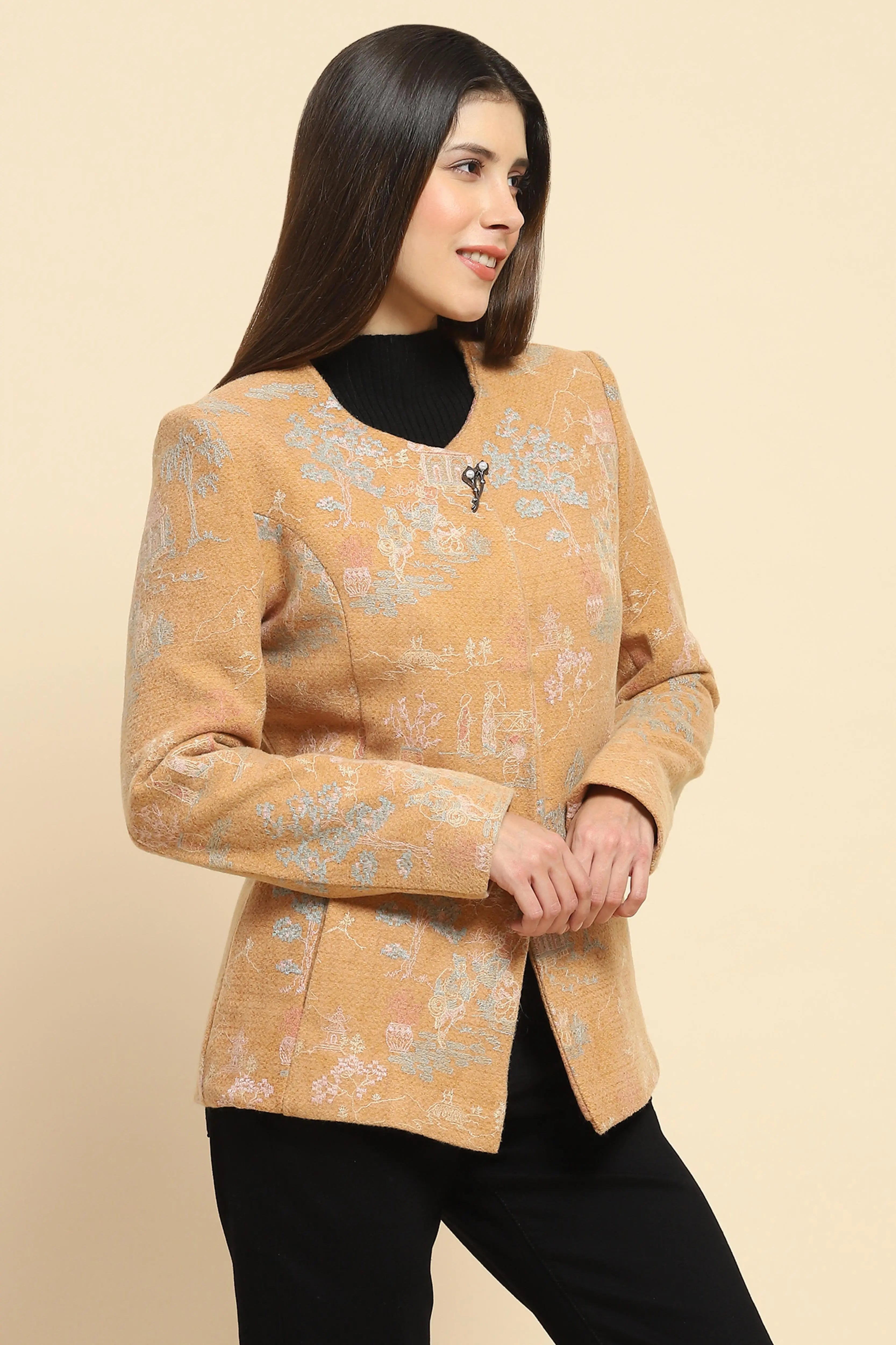 Tan Acrylic Embroidered Winter Coat - Global Republic