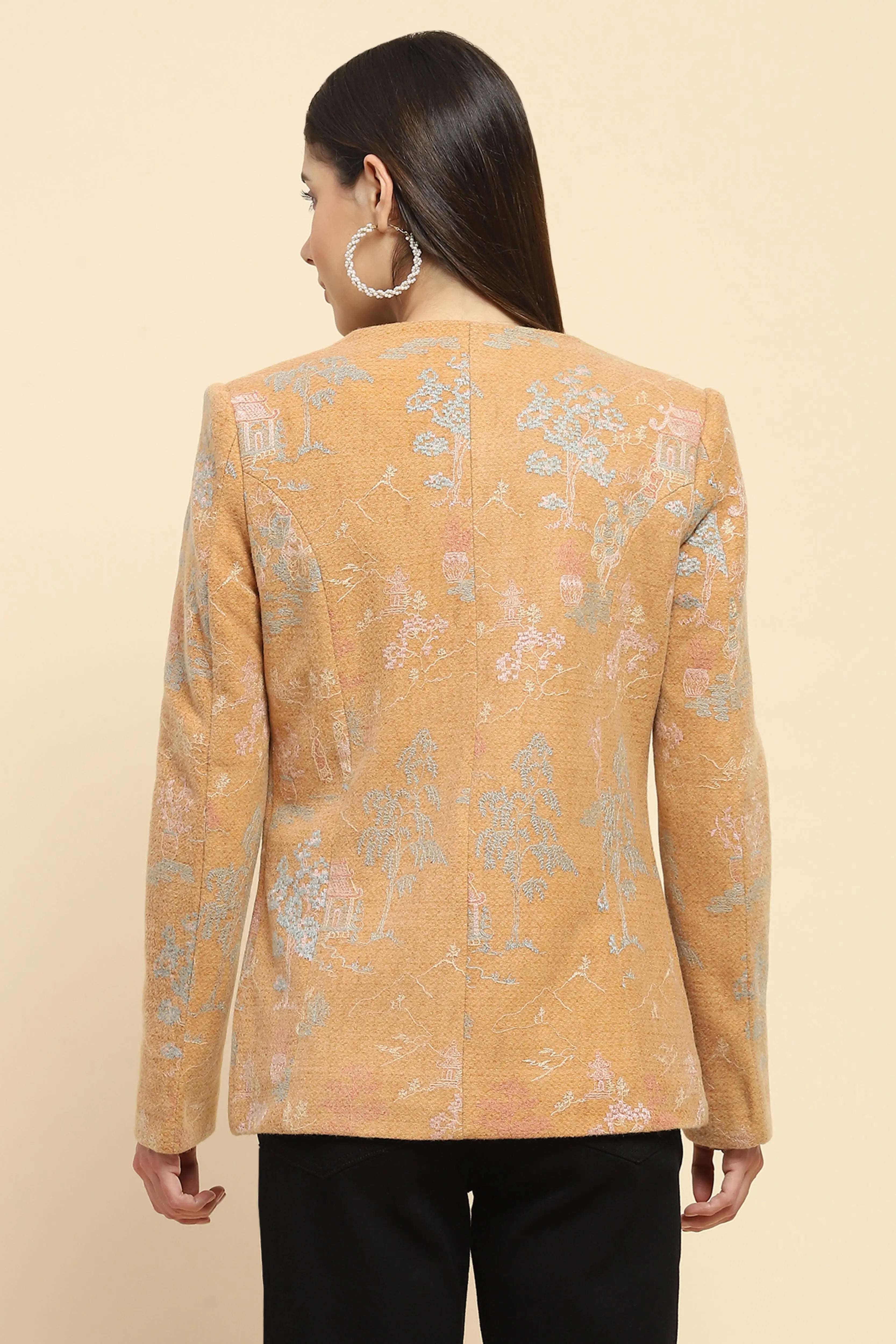 Tan Acrylic Embroidered Winter Coat - Global Republic