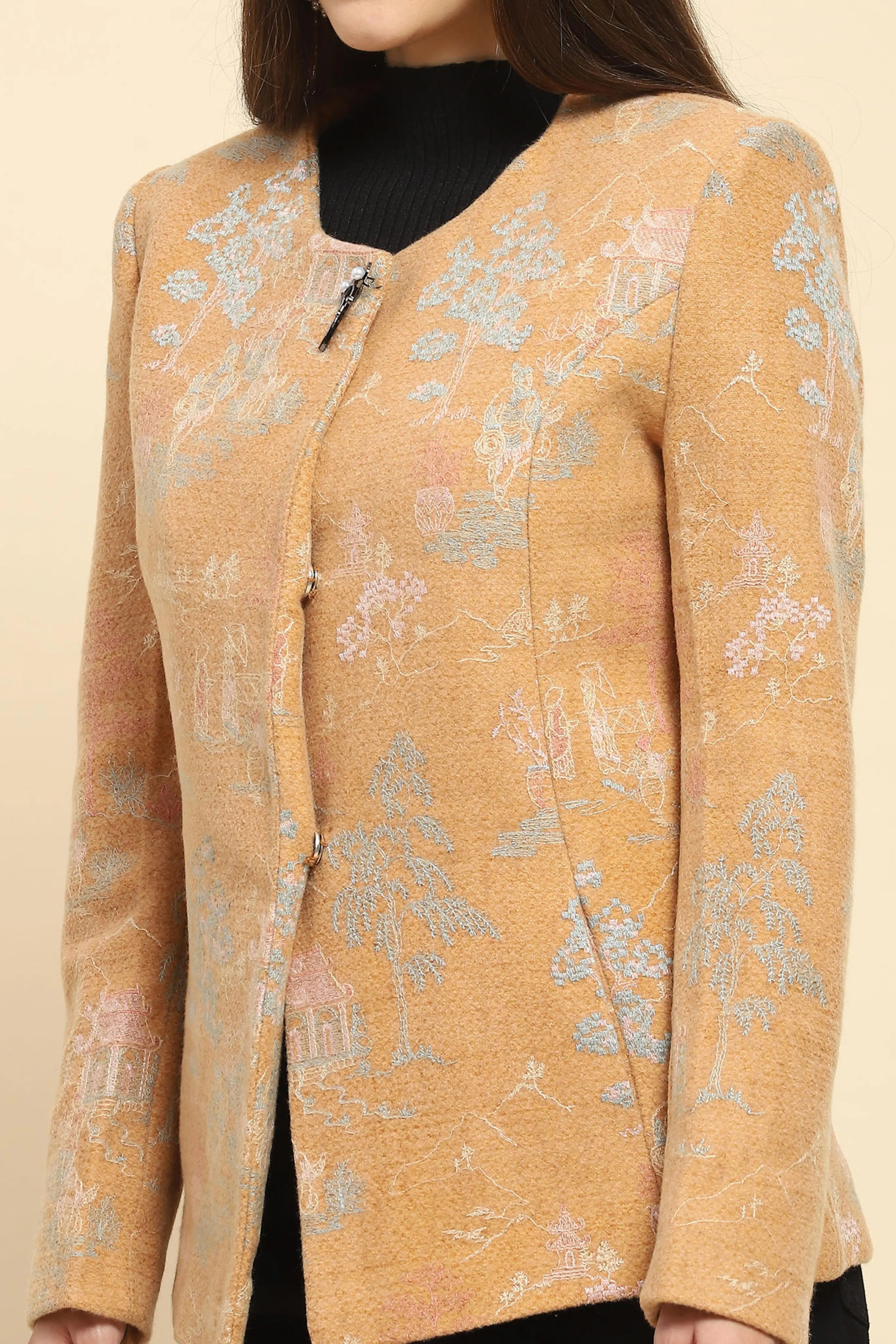Tan Acrylic Embroidered Winter Coat - Global Republic