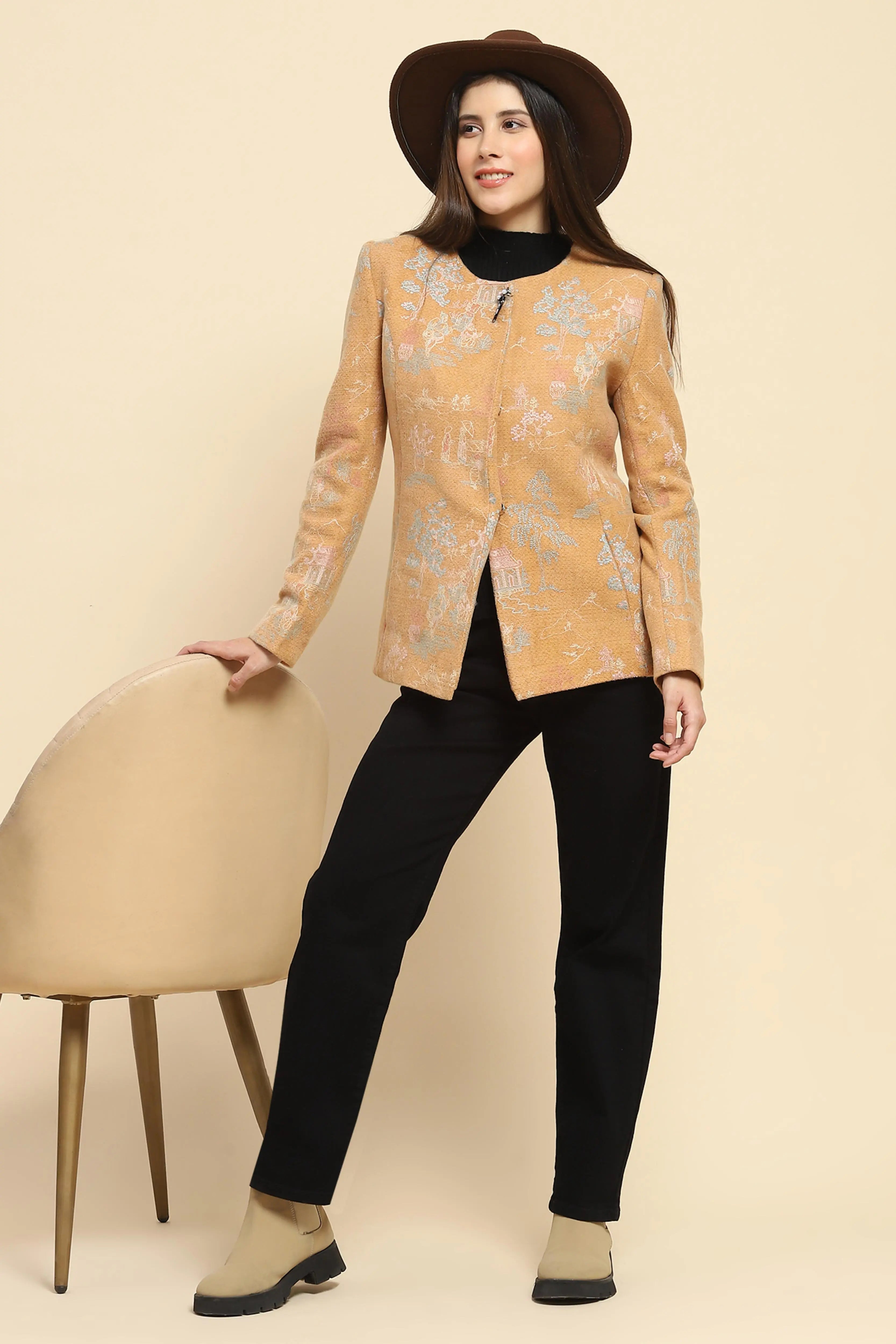 Tan Acrylic Embroidered Winter Coat - Global Republic