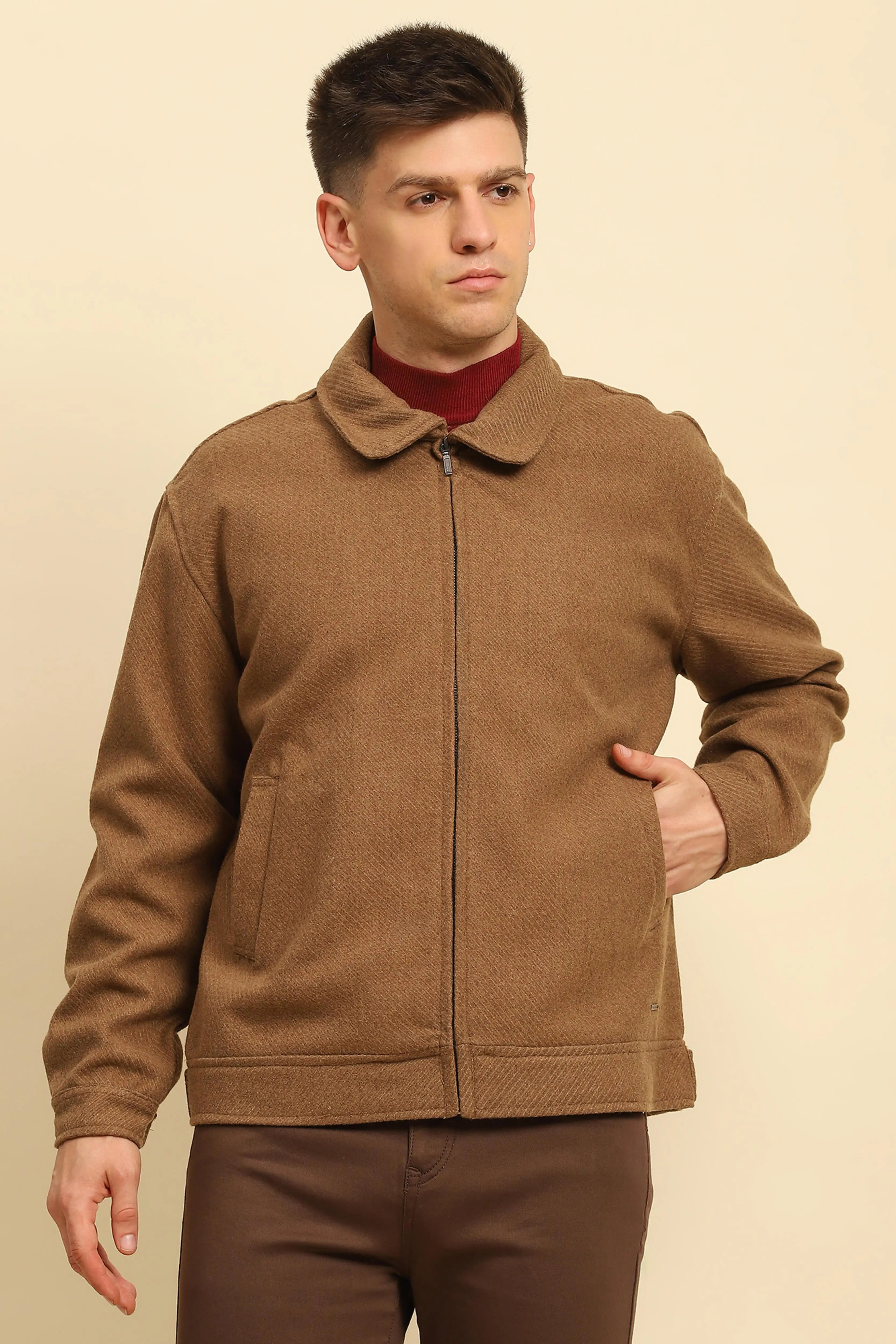 Brown  Textured Jacket - Global Republic