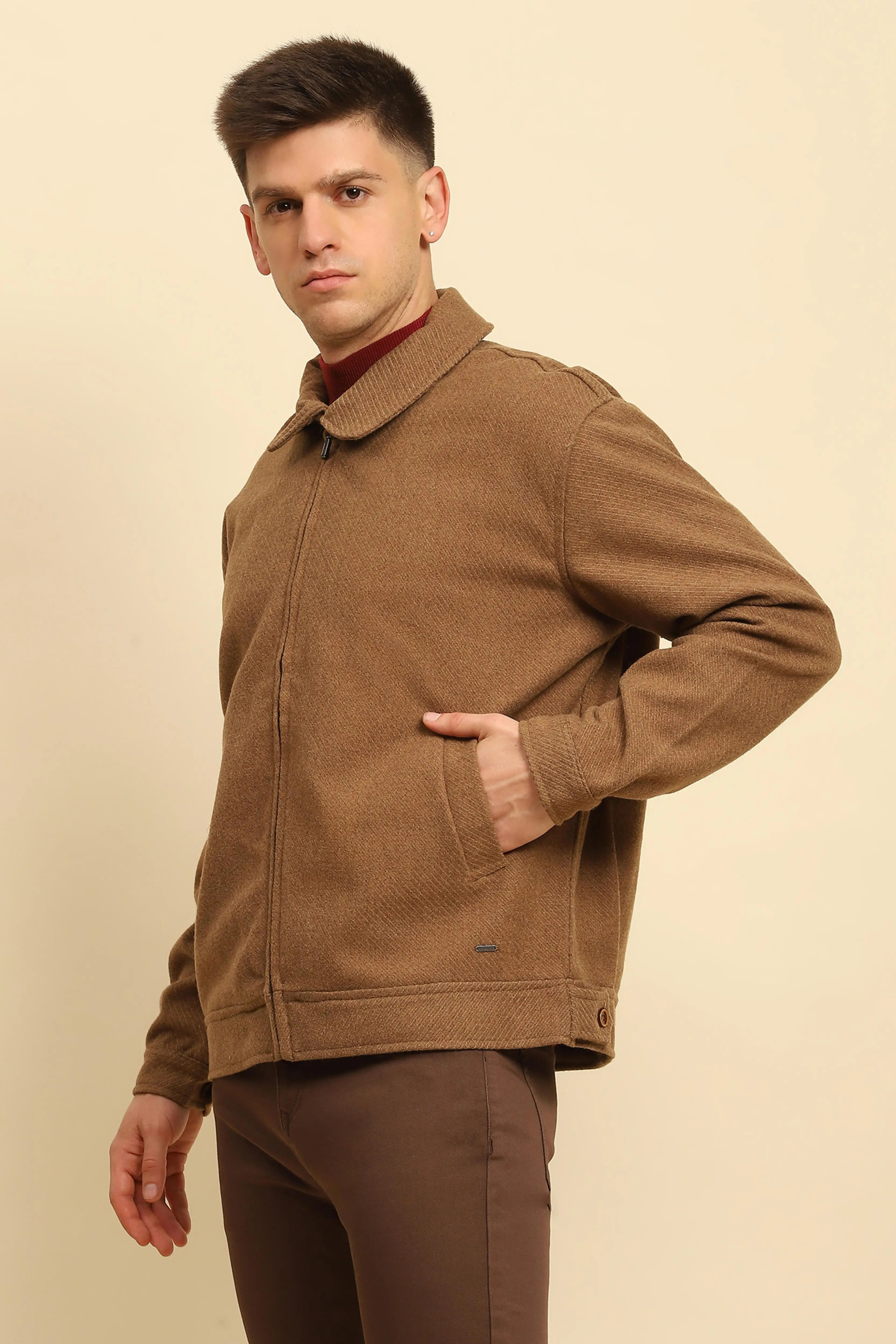 Brown  Textured Jacket - Global Republic