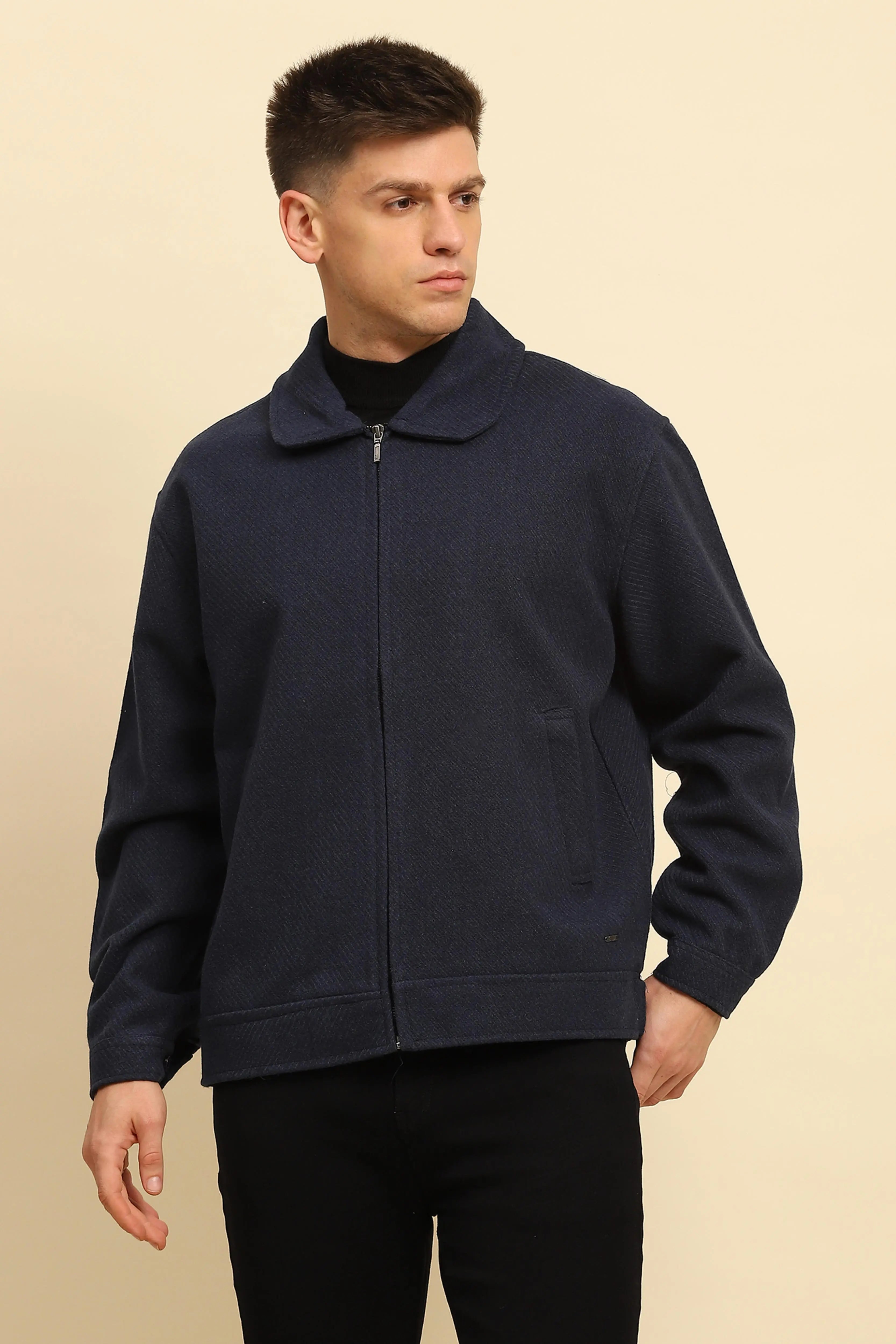 Navy  Textured Jacket - Global Republic
