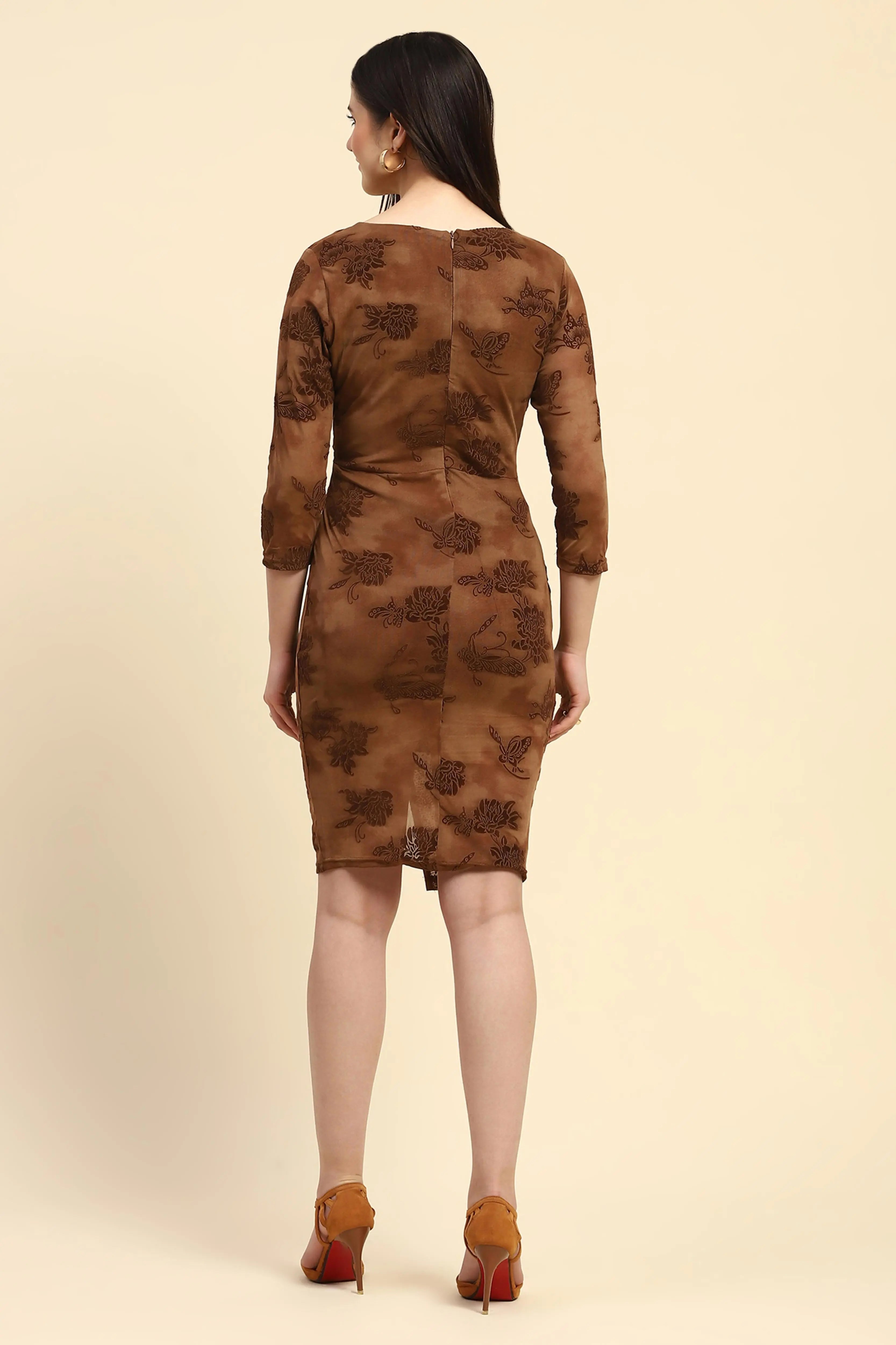 Brown Embellished Slim Dress - Global Republic