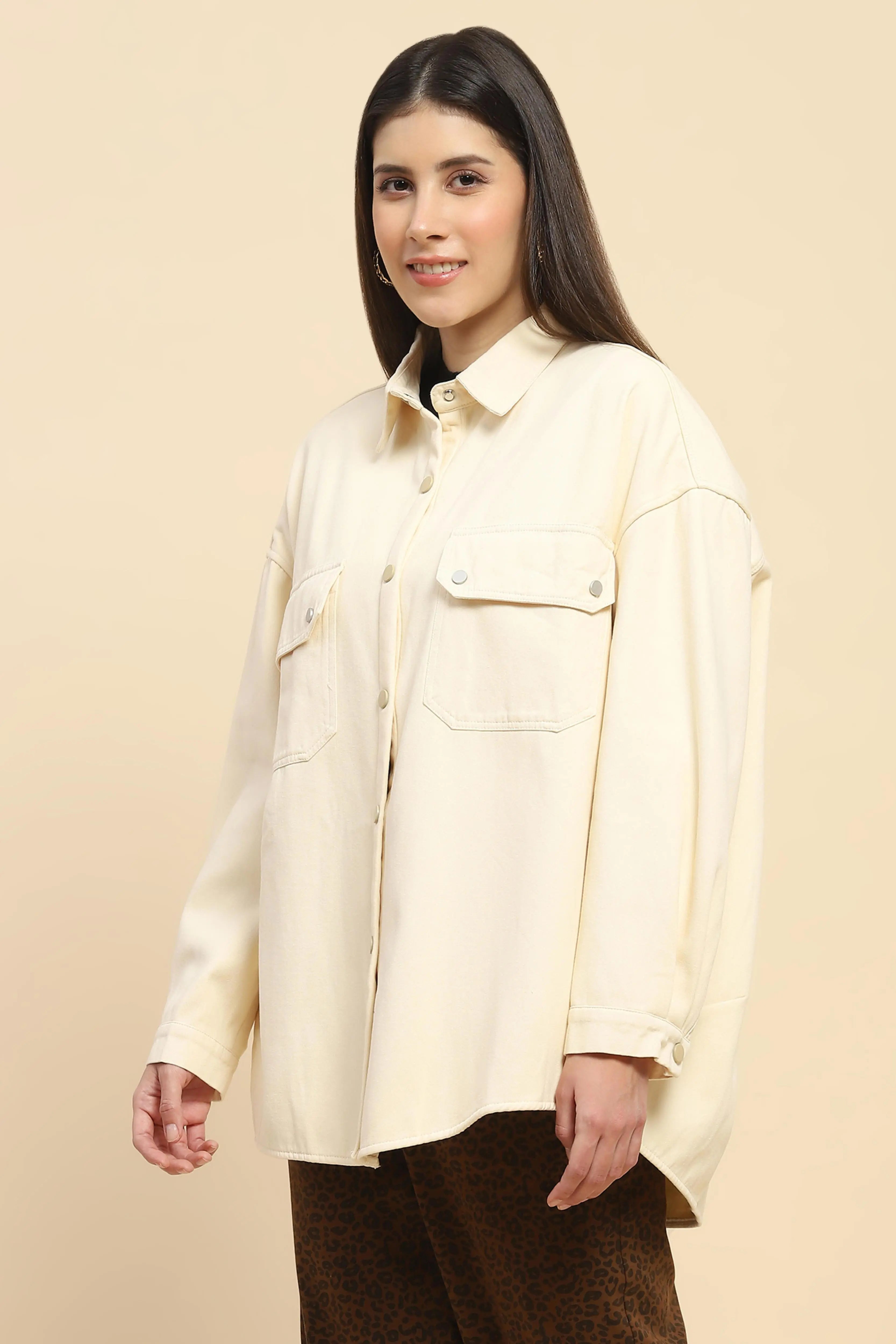 Off White Oversized Fleece Winter Shacket - Global Republic