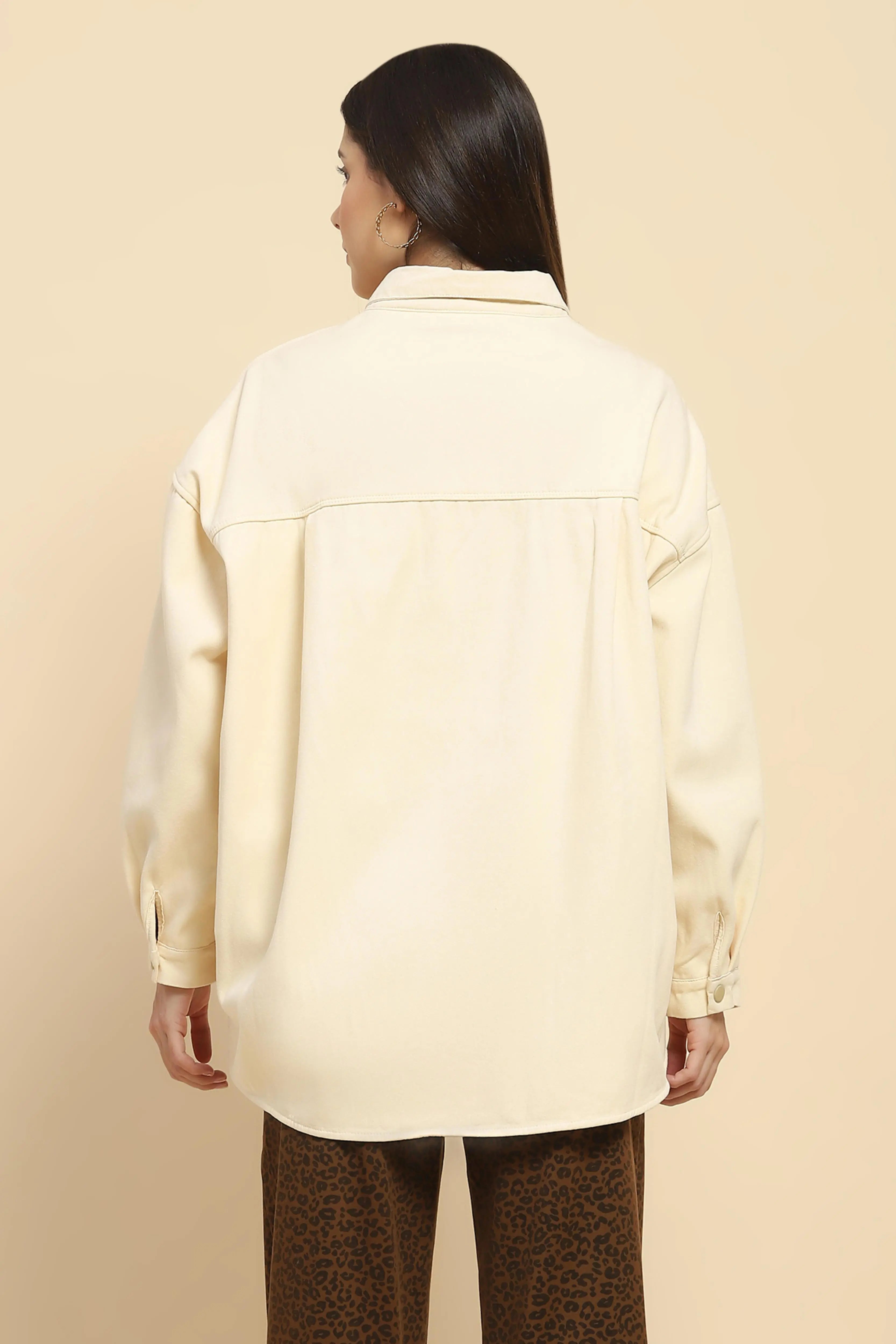 Off White Oversized Fleece Winter Shacket - Global Republic