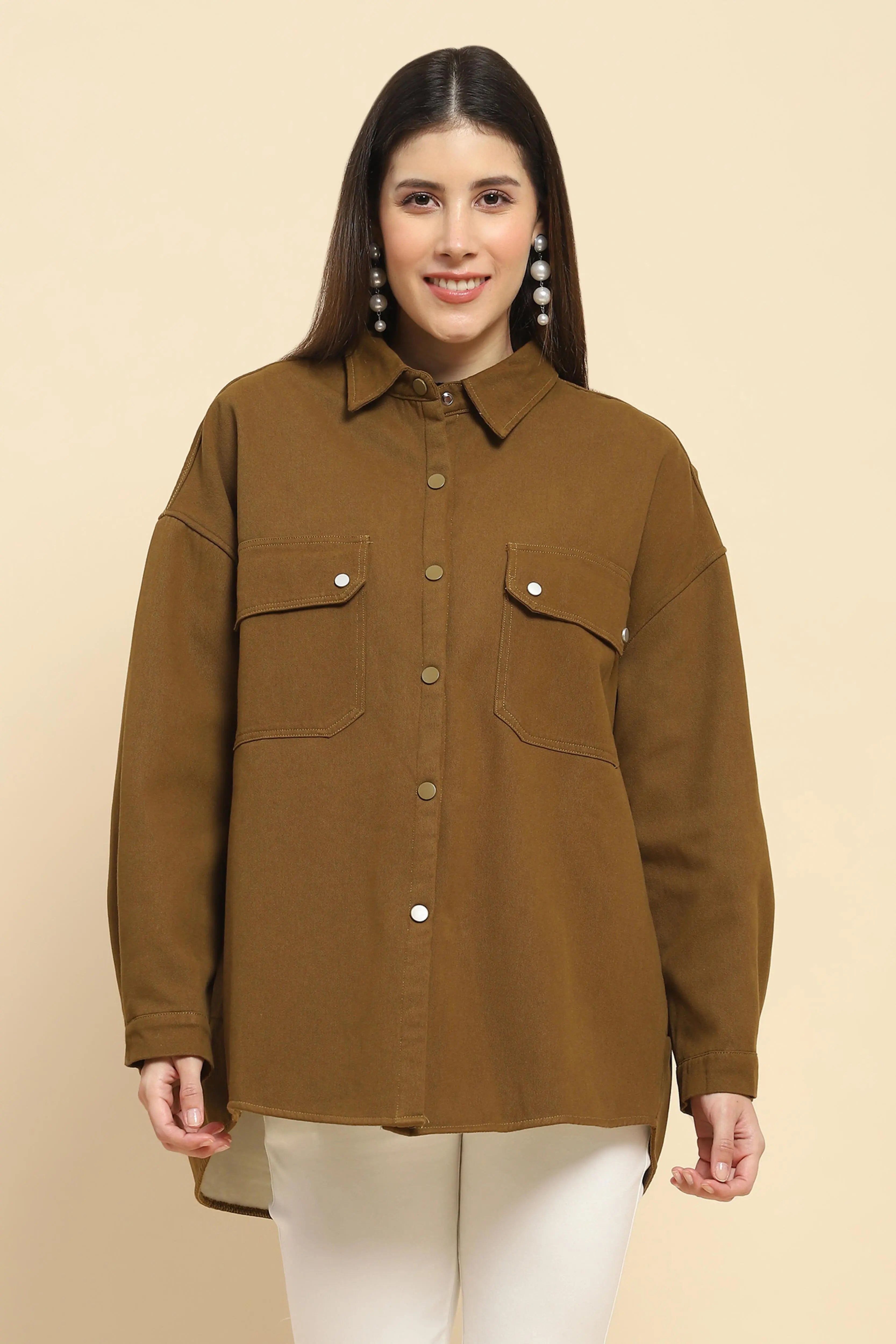 Brown Oversized Fleece Winter Shacket - Global Republic