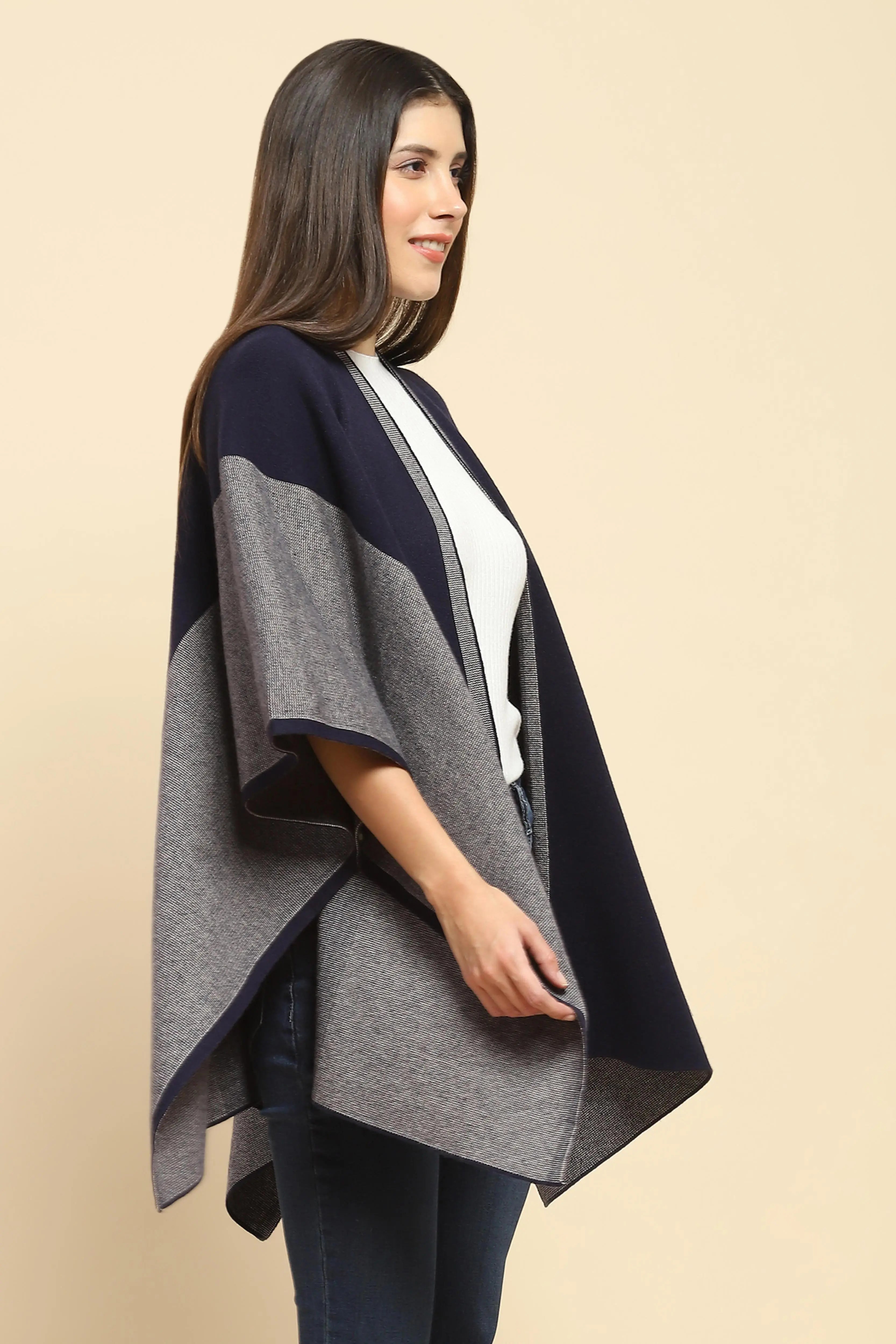 Navy Blue Wool Blend Winter Shrug - Global Republic