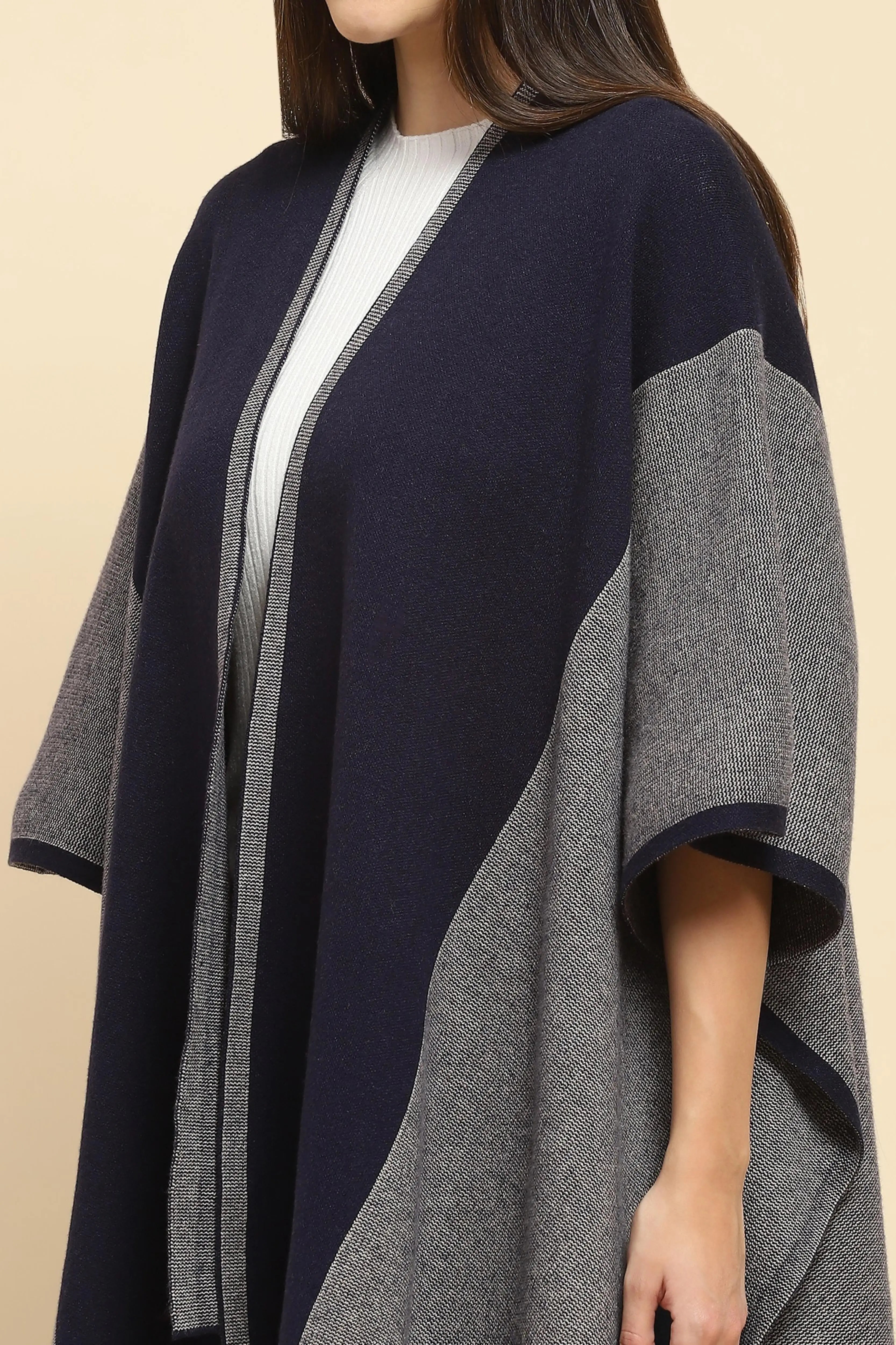 Navy Blue Wool Blend Winter Shrug - Global Republic