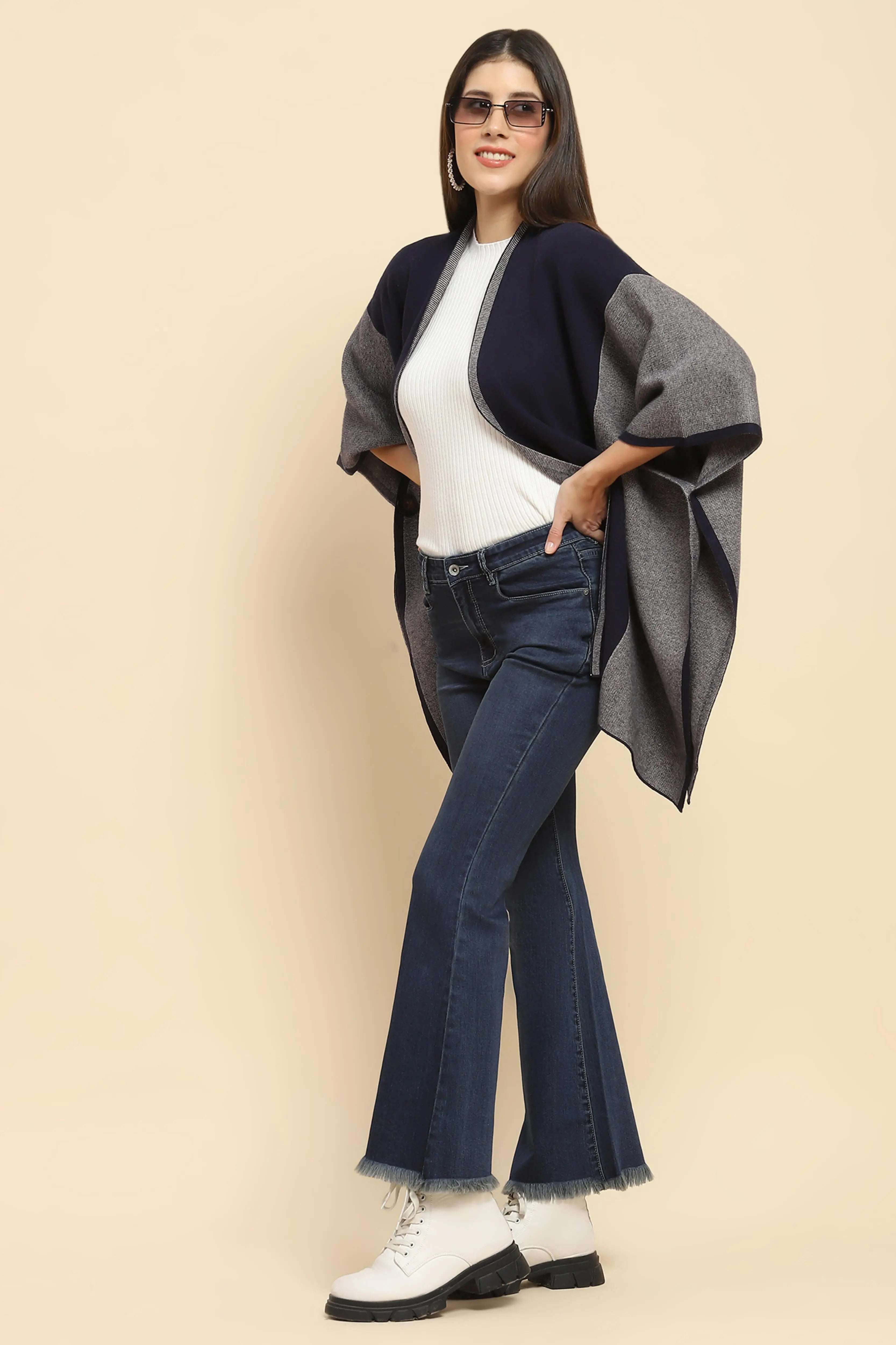 Navy Blue Wool Blend Winter Shrug - Global Republic