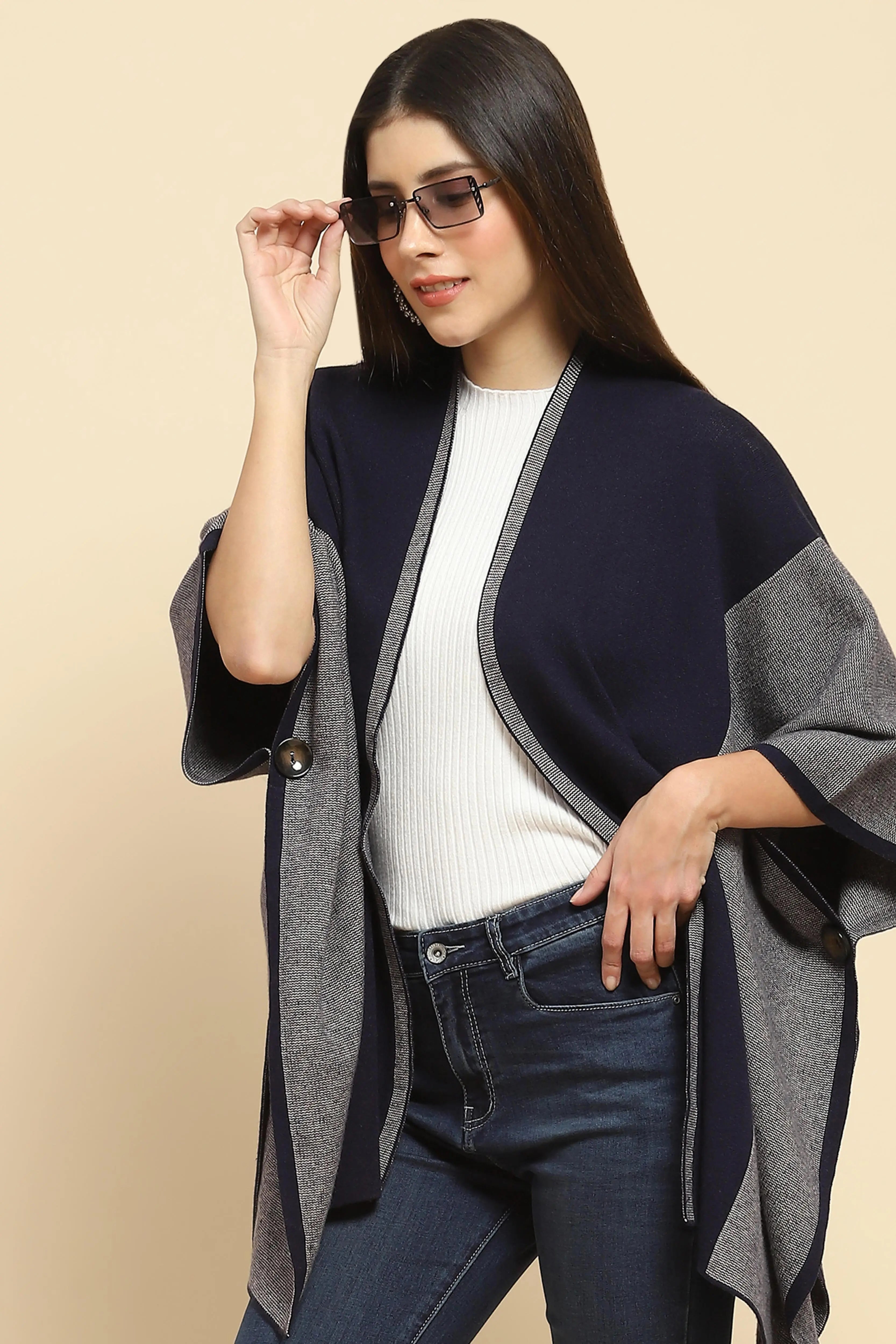 Navy Blue Wool Blend Winter Shrug - Global Republic