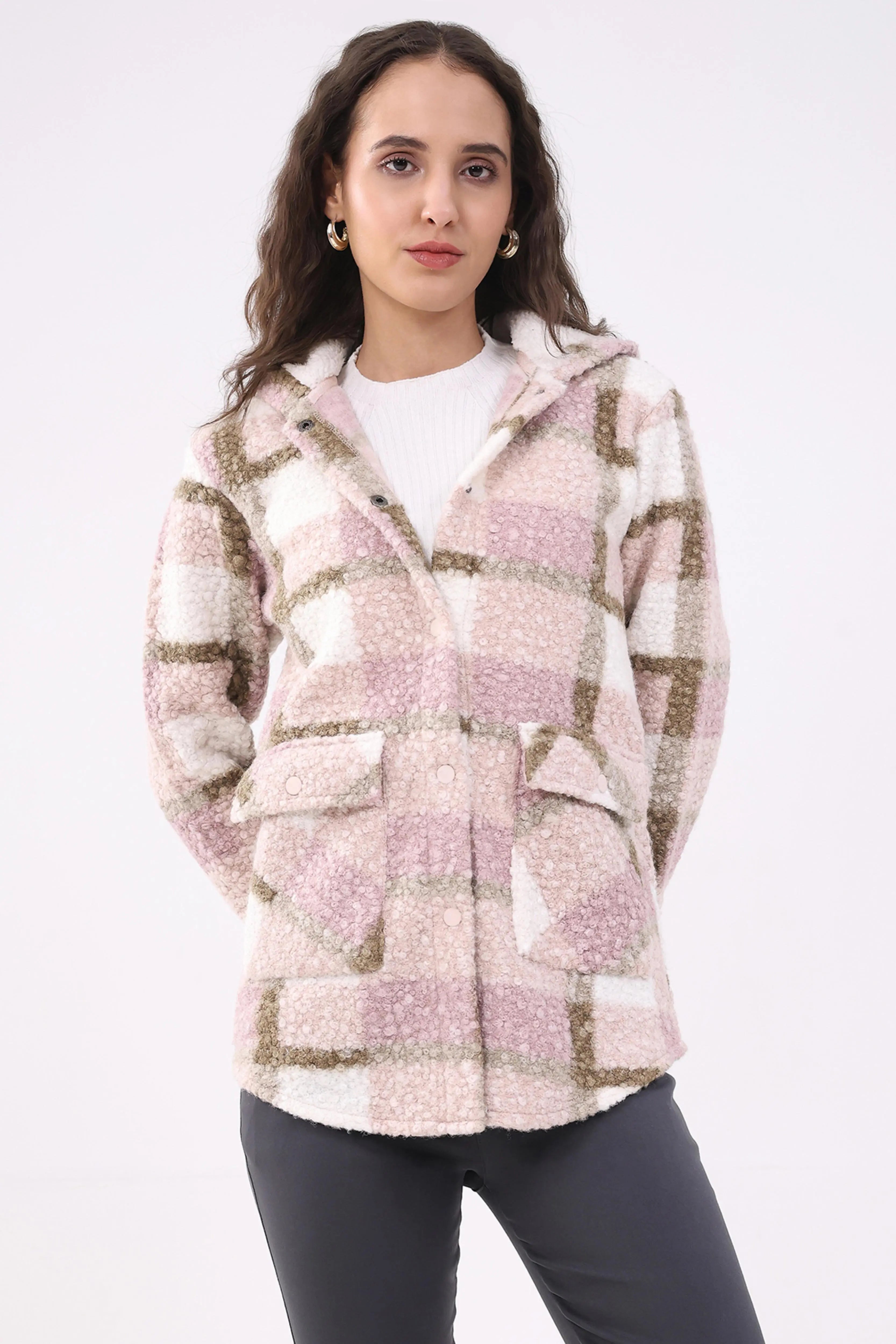 Pink Wool Blend Checked Hooded Jacket - Global Republic