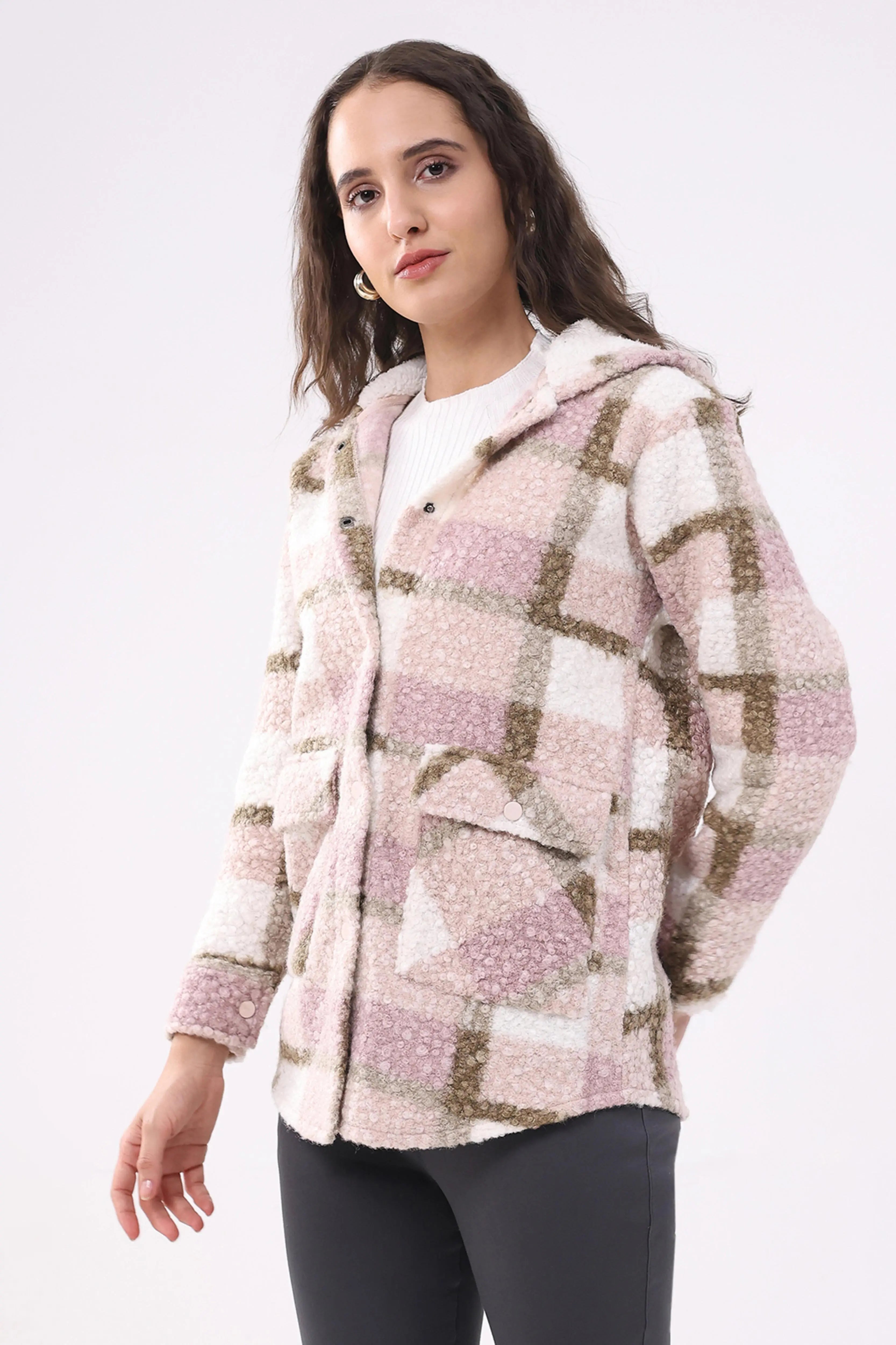 Pink Wool Blend Checked Hooded Jacket - Global Republic