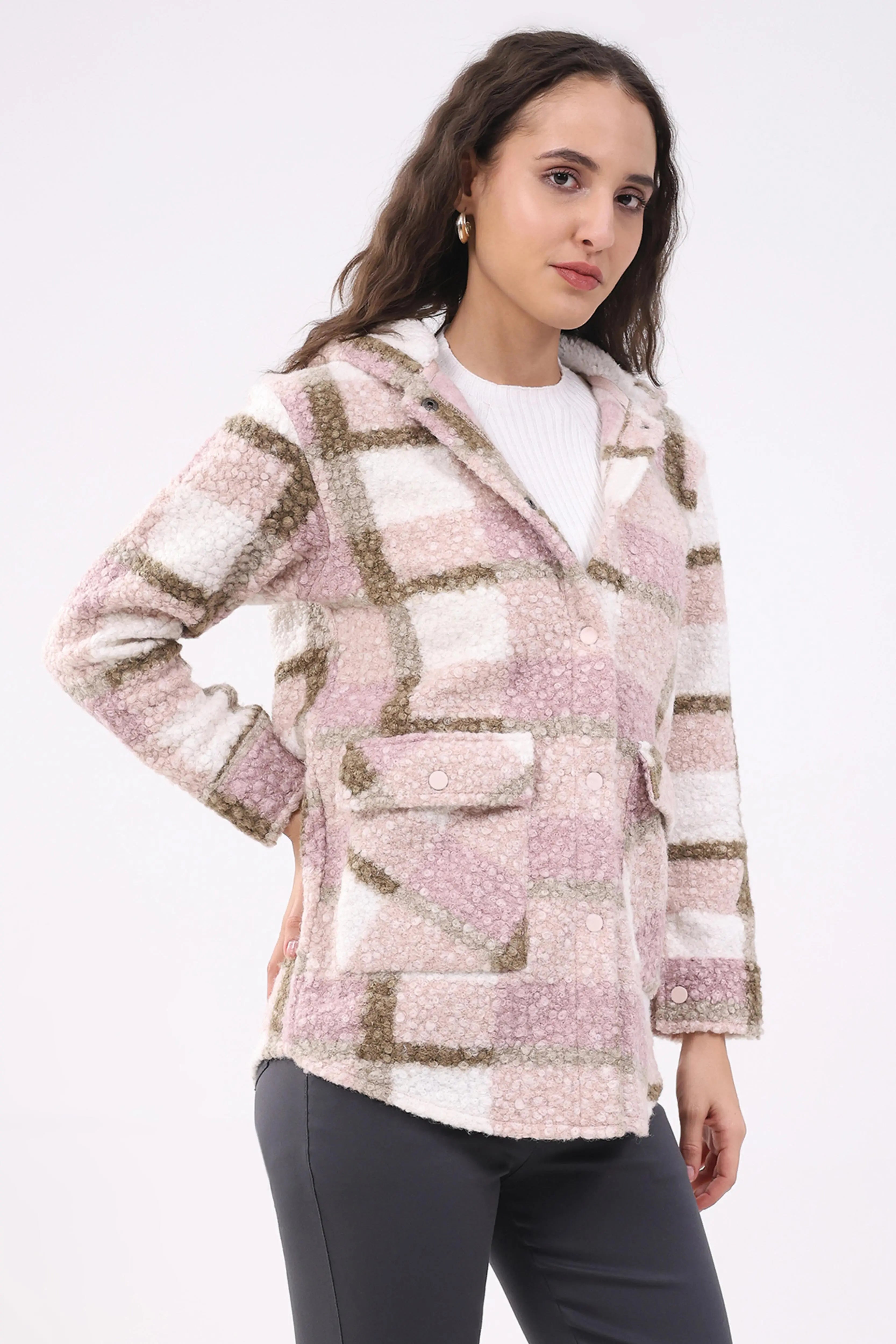 Pink Wool Blend Checked Hooded Jacket - Global Republic