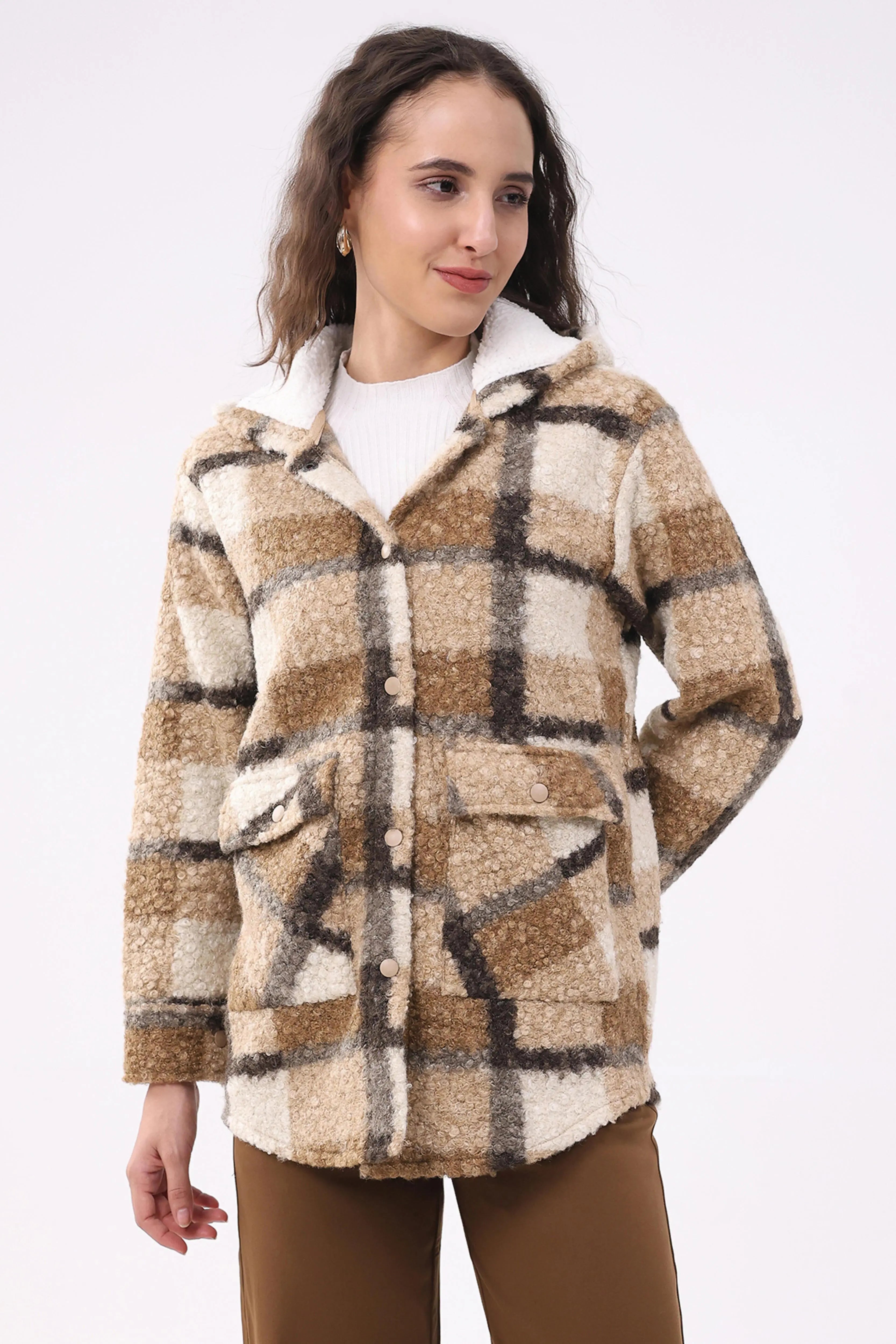 Beige Wool Blend Checked Hooded Jacket - Global Republic