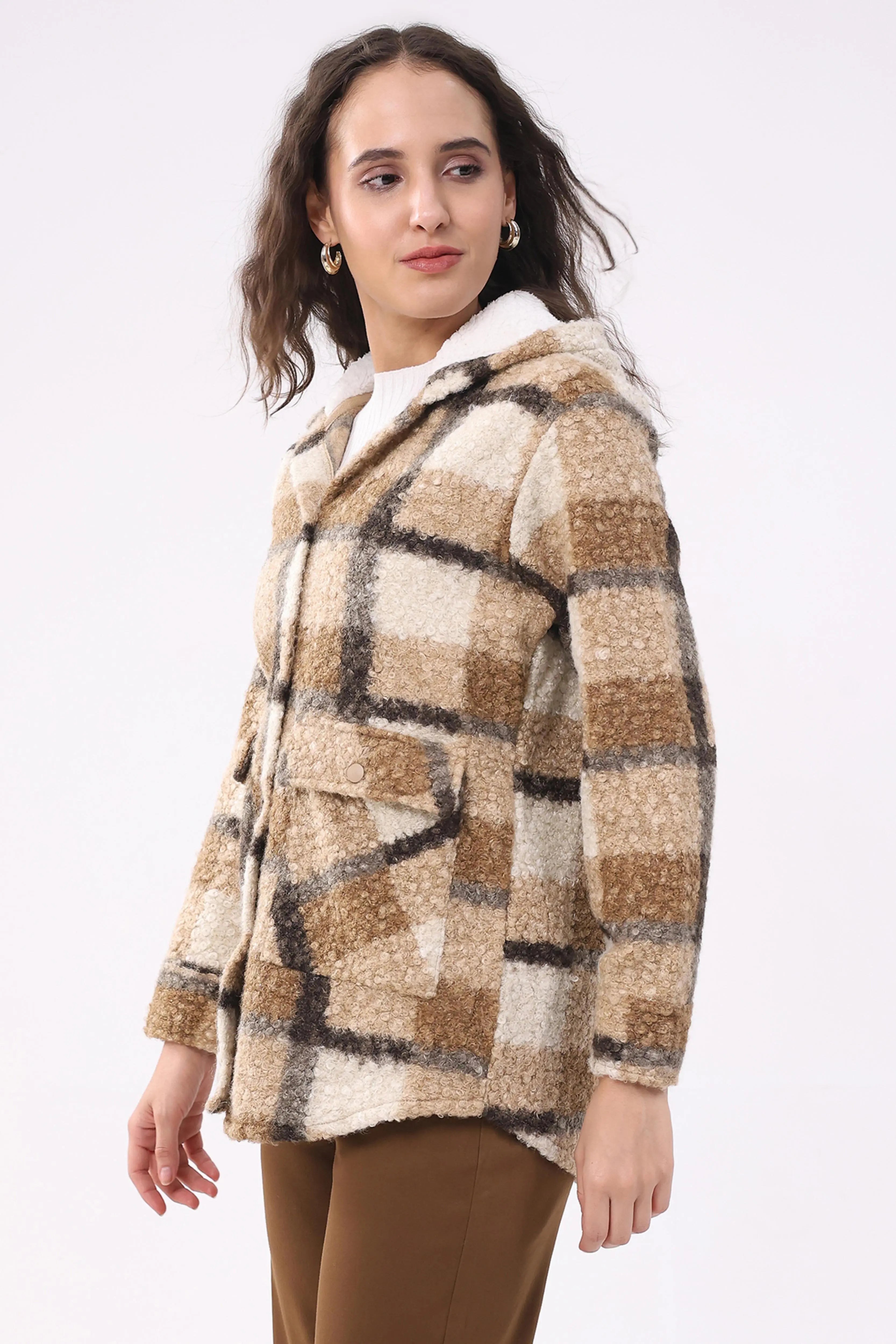 Beige Wool Blend Checked Hooded Jacket - Global Republic