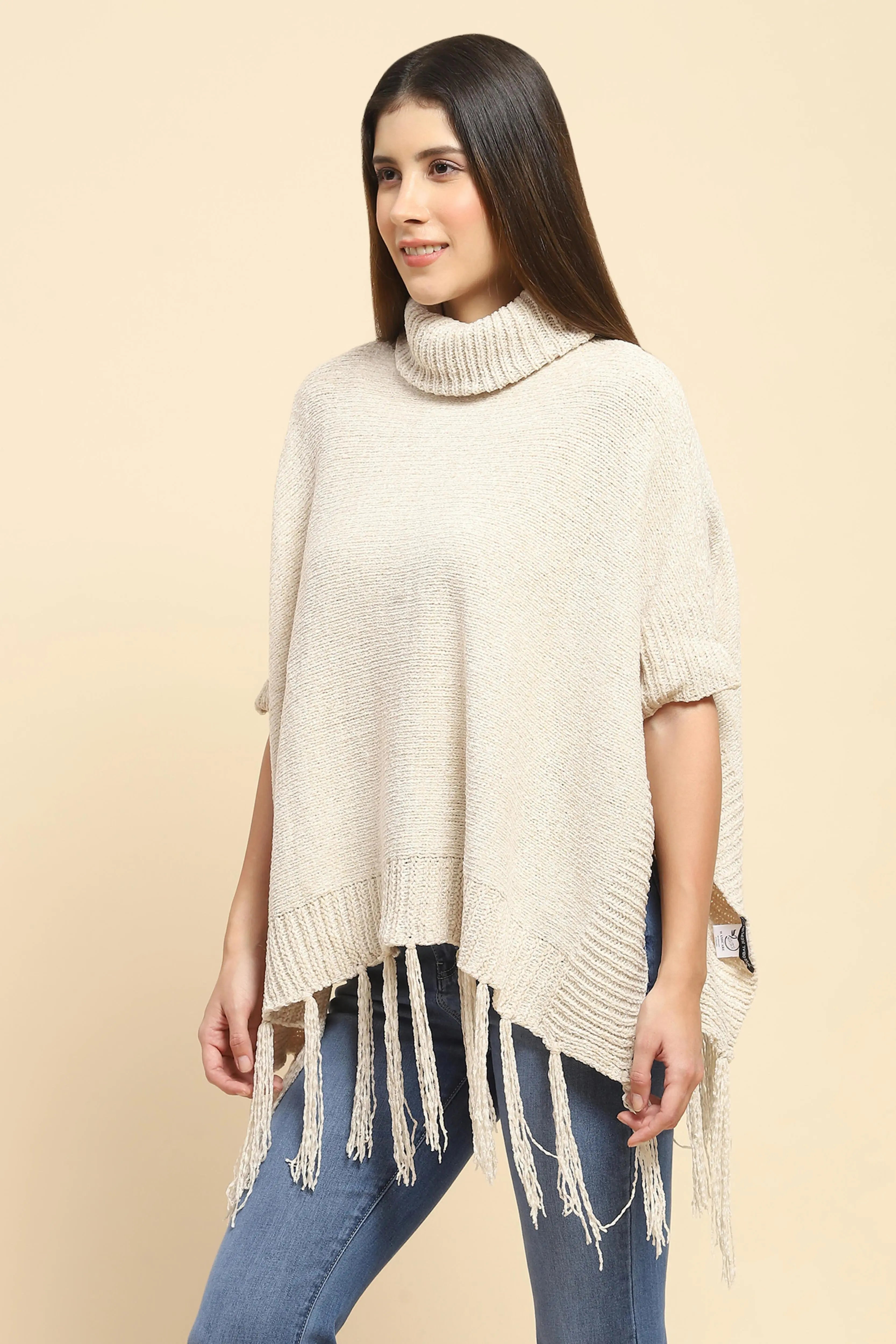 Beige Wool Blend Loose Poncho - Global Republic