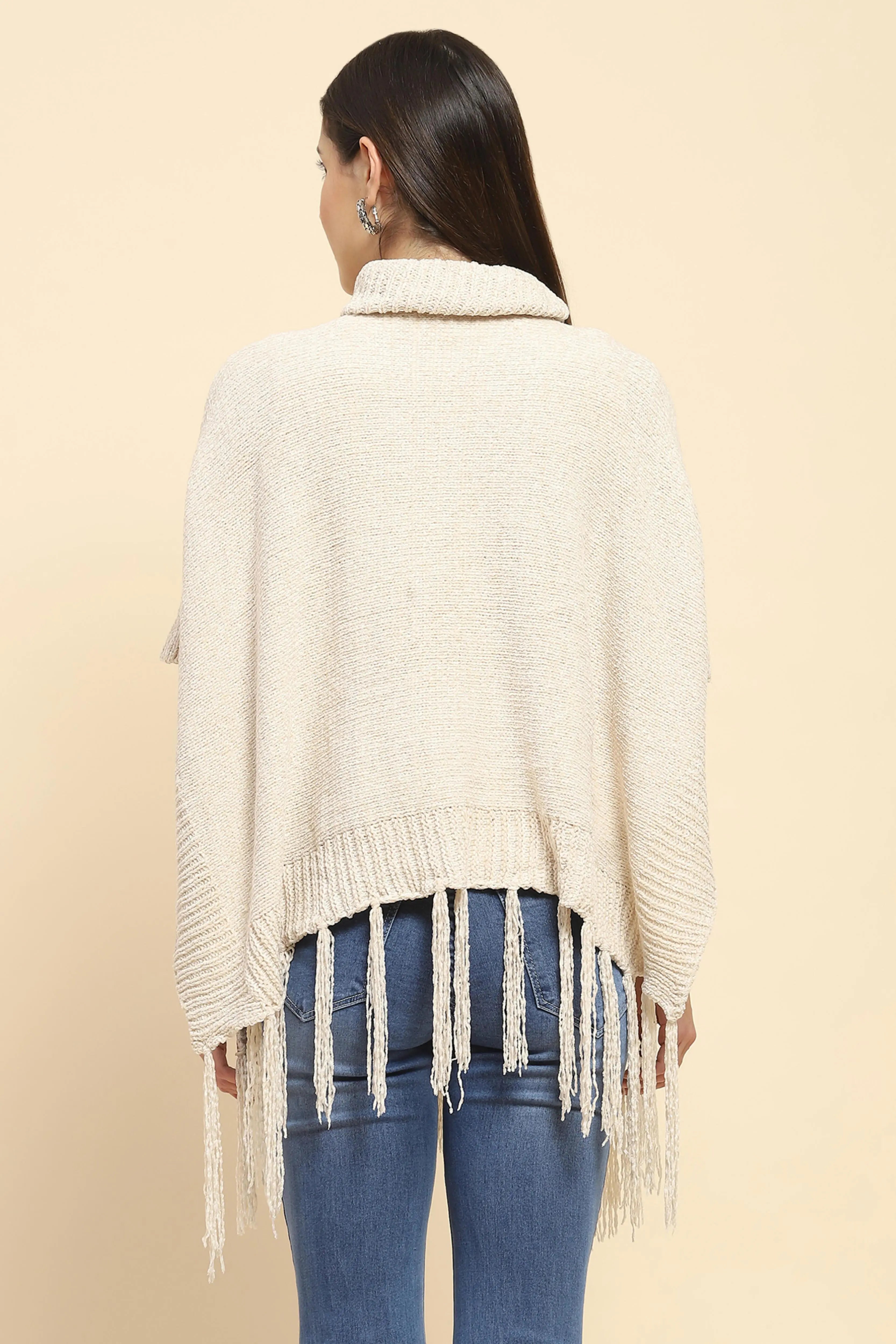 Beige Wool Blend Loose Poncho - Global Republic