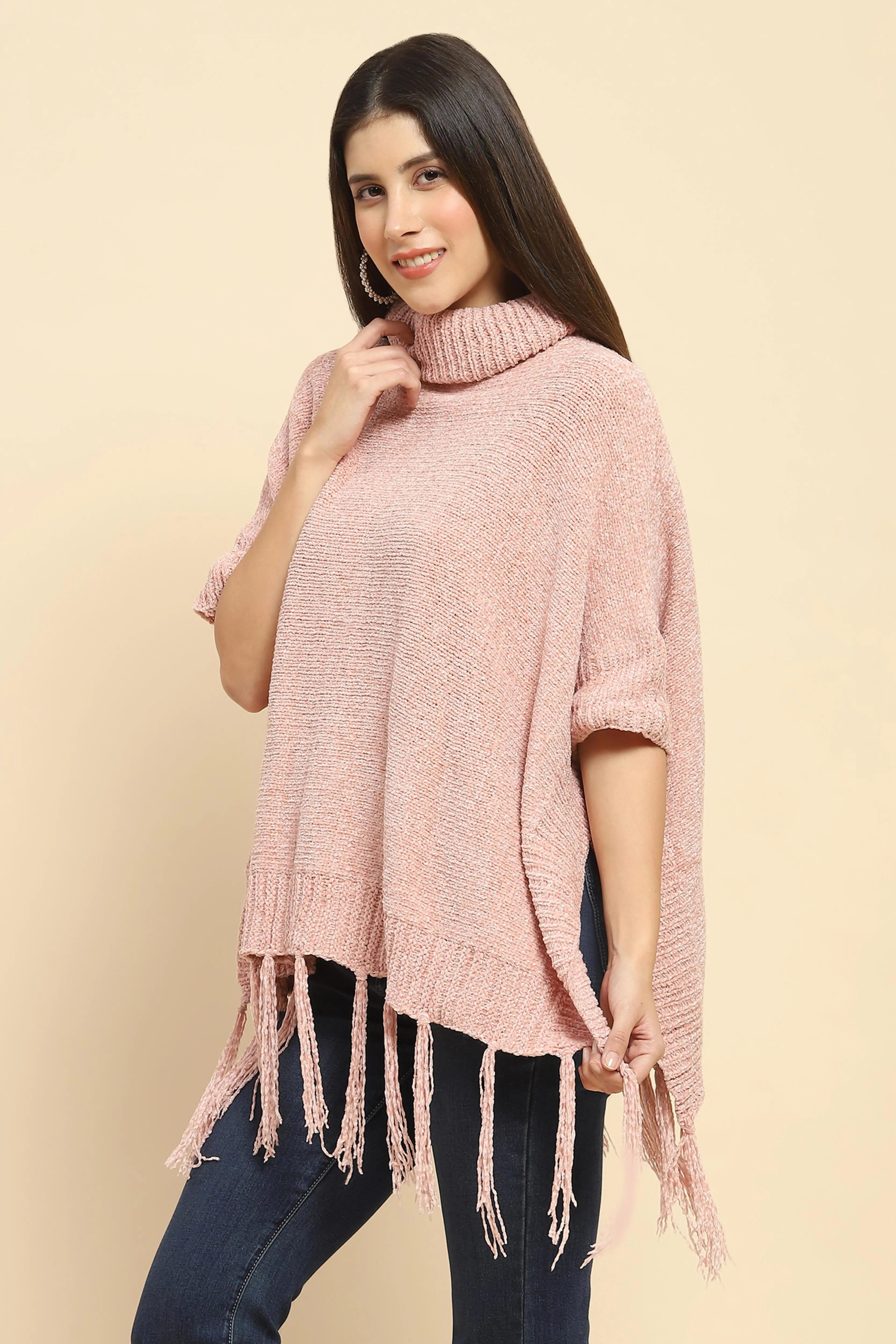 Pink Wool Blend Knit Loose Poncho - Global Republic