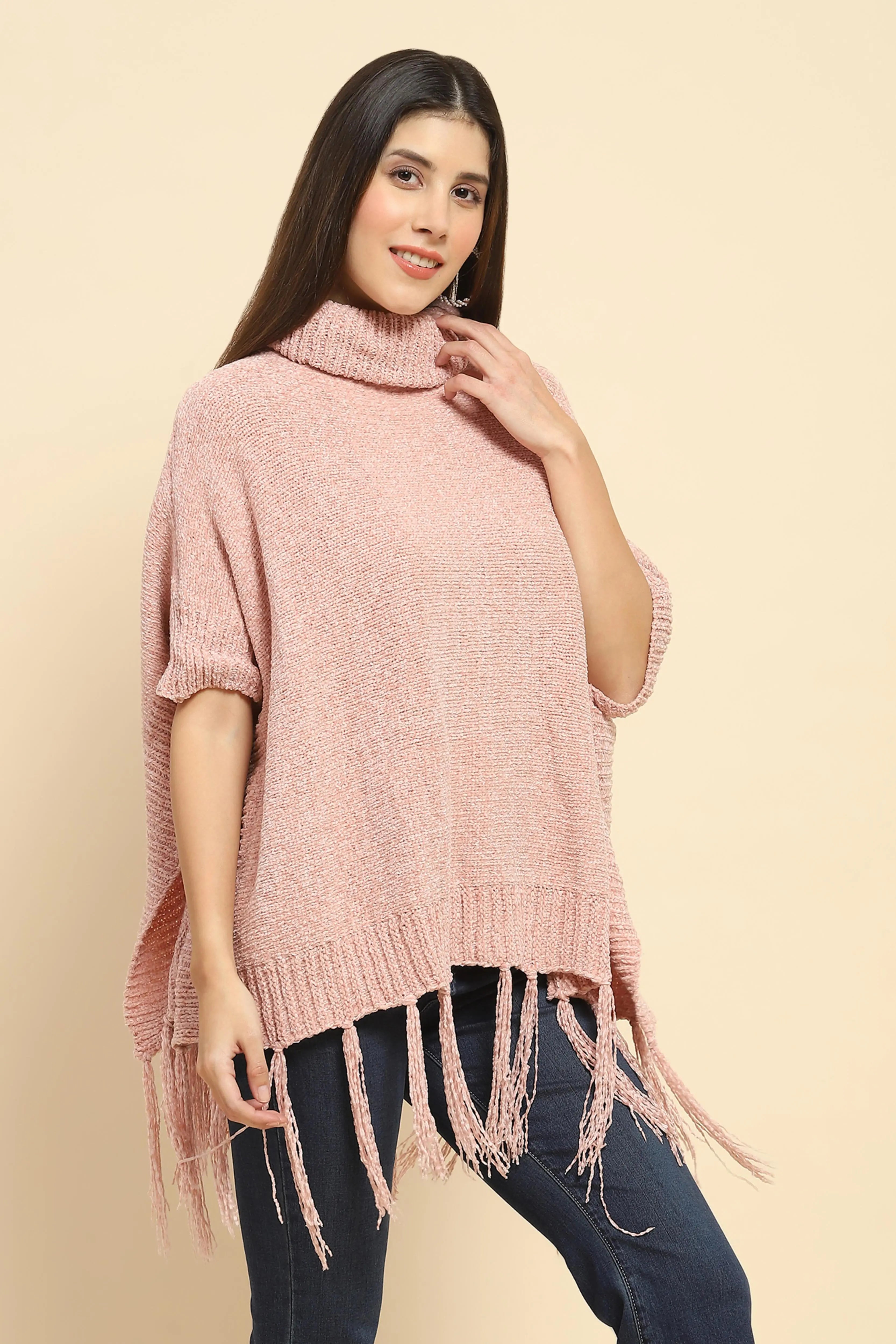 Pink Wool Blend Knit Loose Poncho - Global Republic