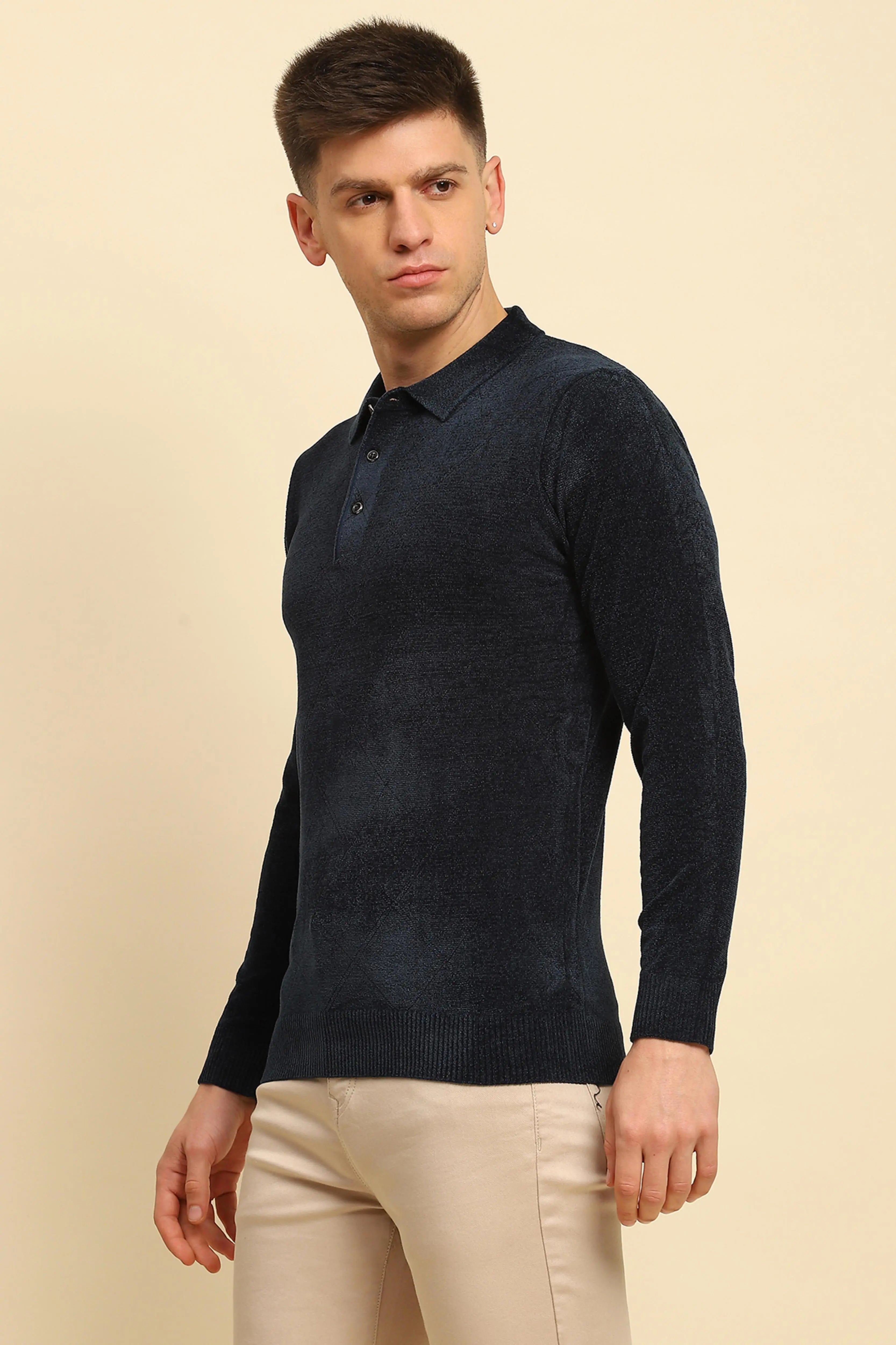 Navy Blue Velvet Blend Solid Regular Fit Pullover - Global Republic