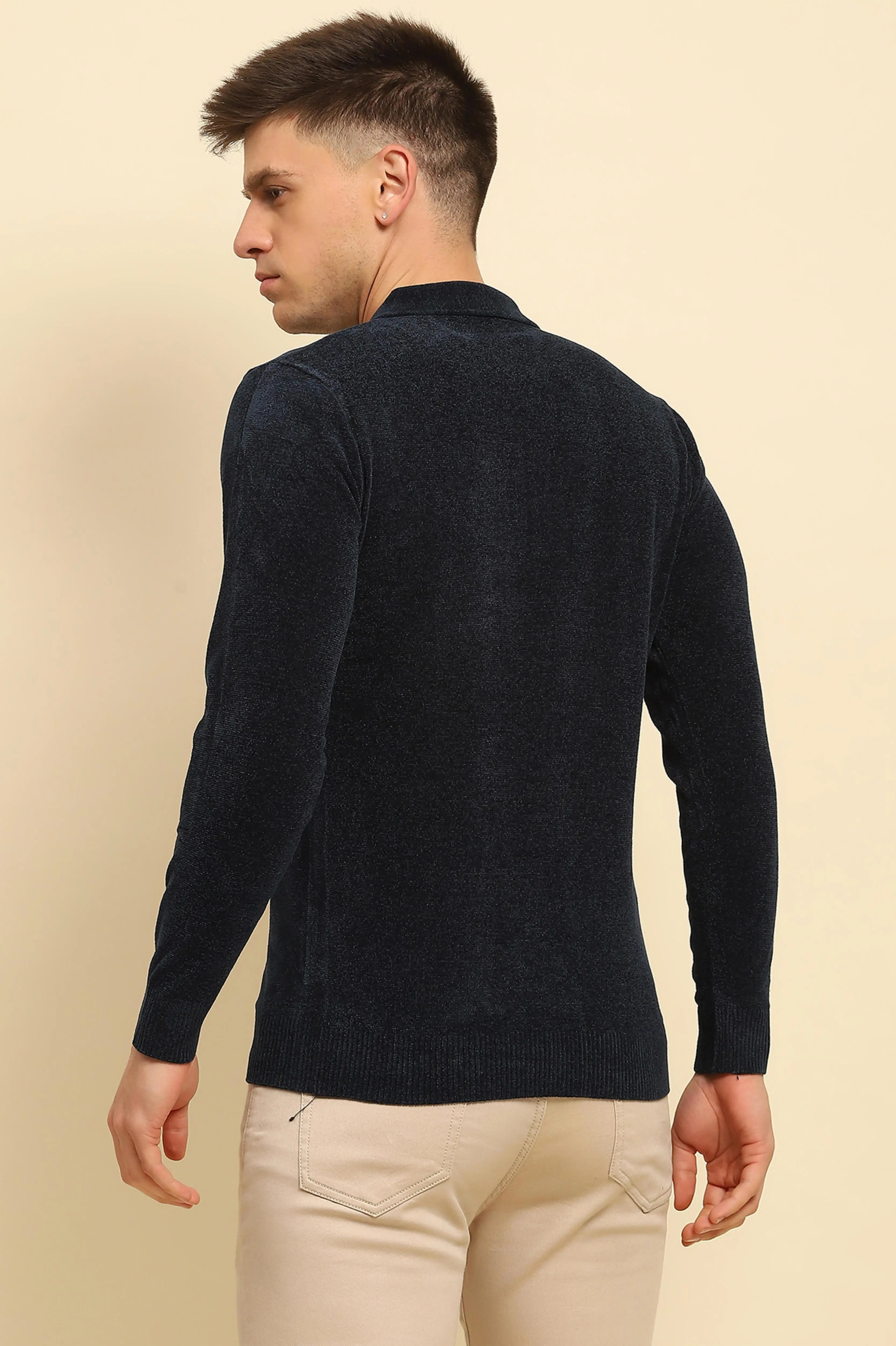 Navy Blue Velvet Blend Solid Regular Fit Pullover - Global Republic