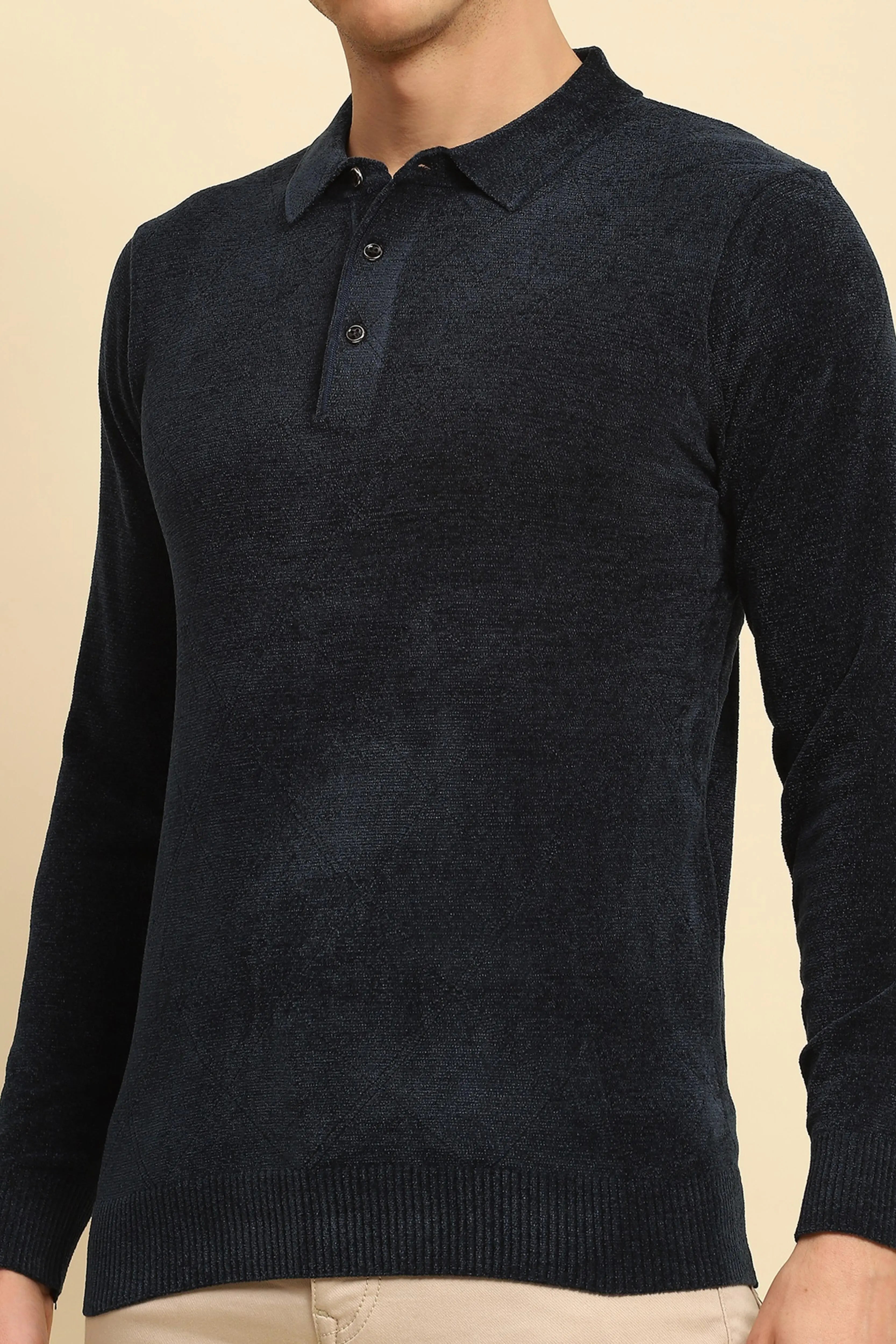 Navy Blue Velvet Blend Solid Regular Fit Pullover - Global Republic