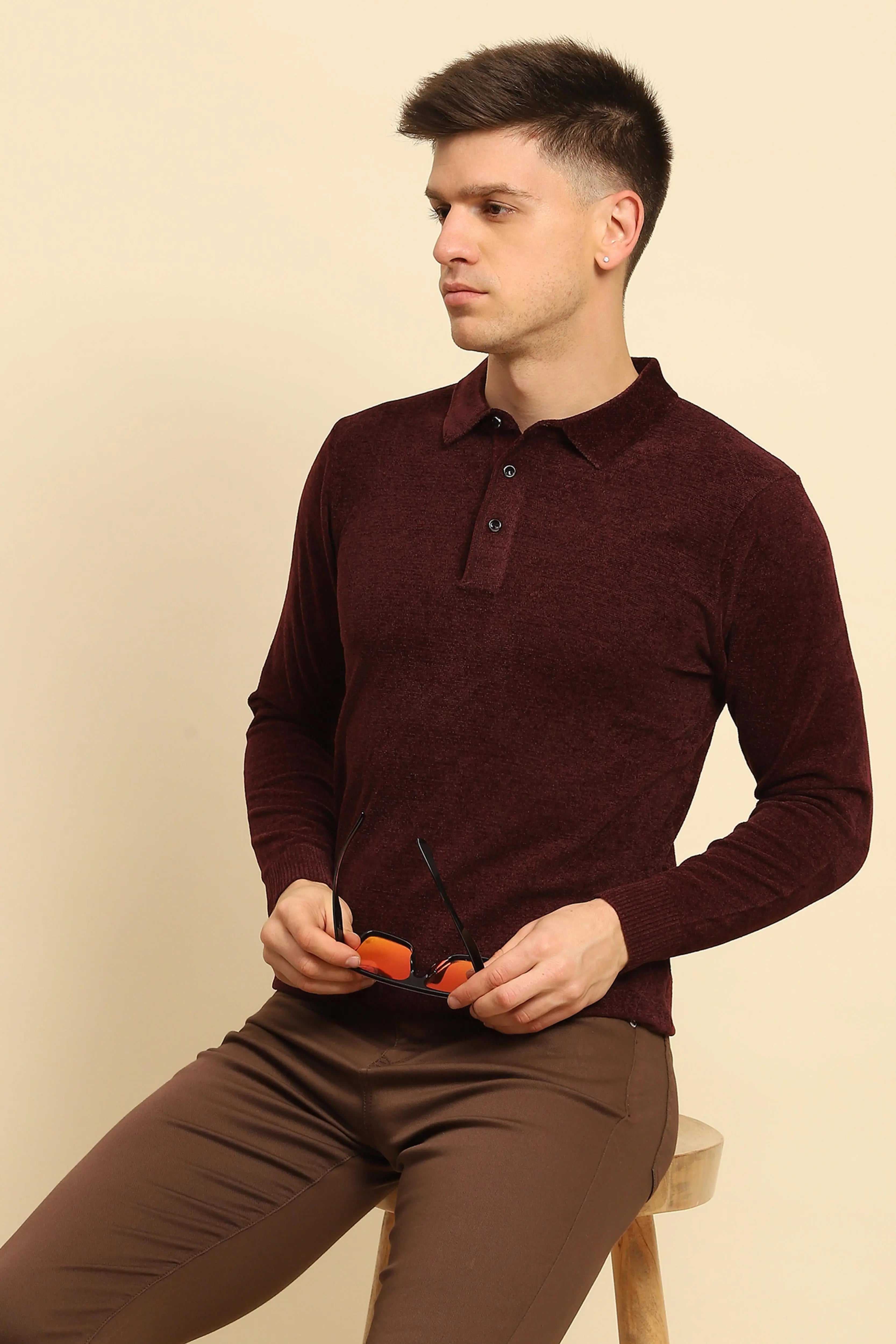 Maroon Velvet Solid Pullover - Global Republic