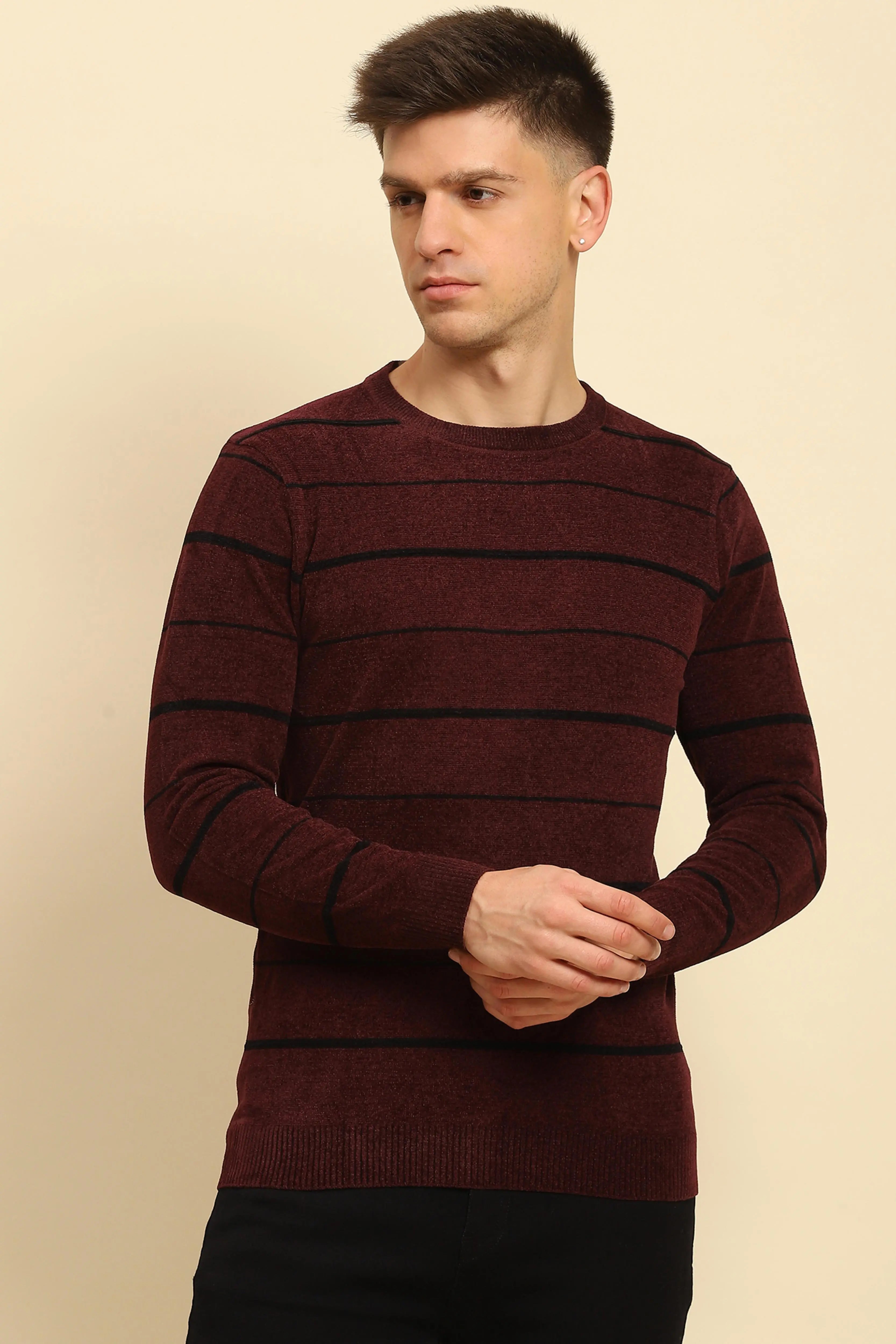 Maroon Velvet Blend Striped Pullover - Global Republic