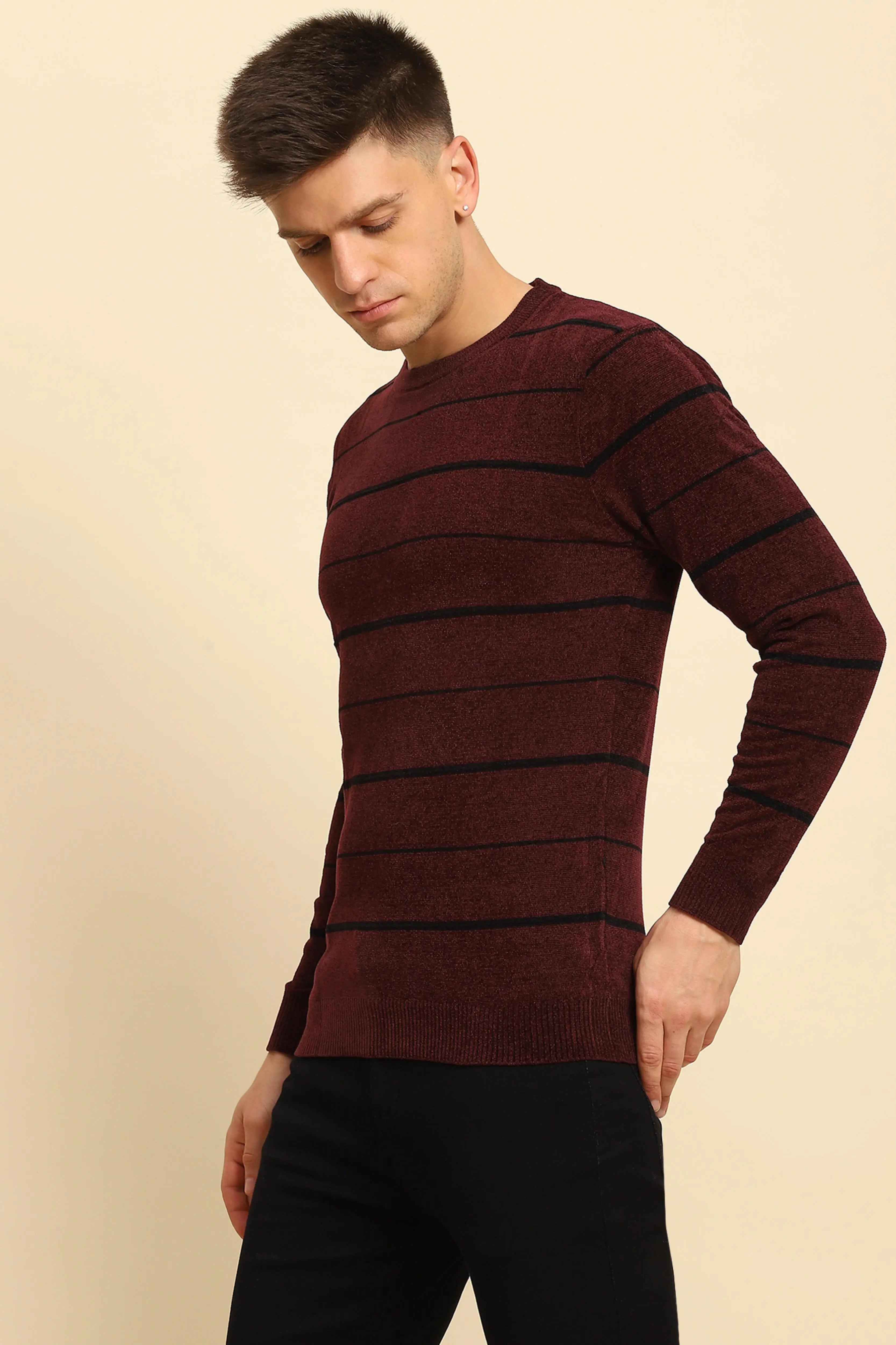 Maroon Velvet Blend Striped Pullover - Global Republic