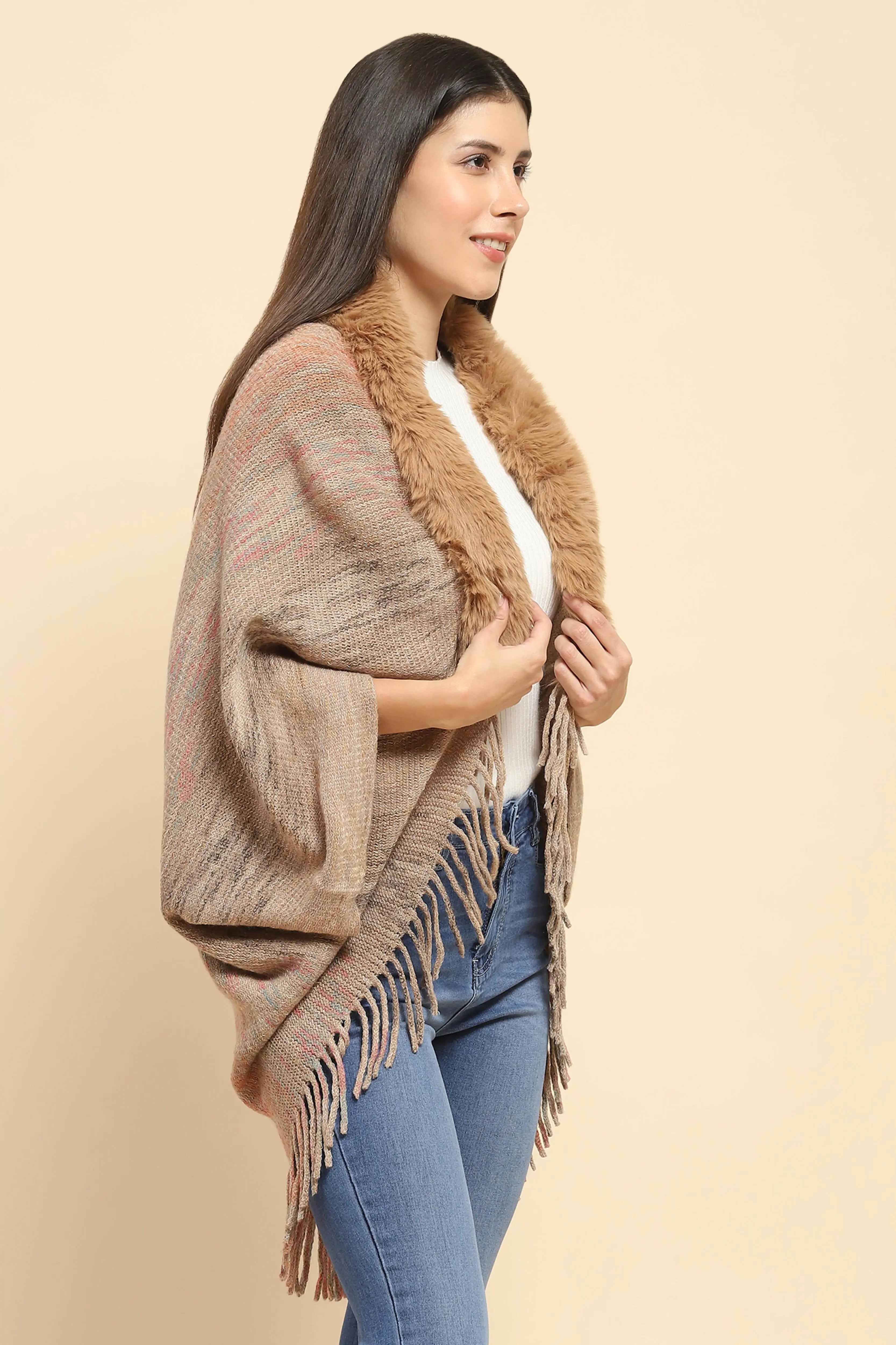 Khaki Mélange Acrylic Knitted Relaxed Fit Cape - Global Republic