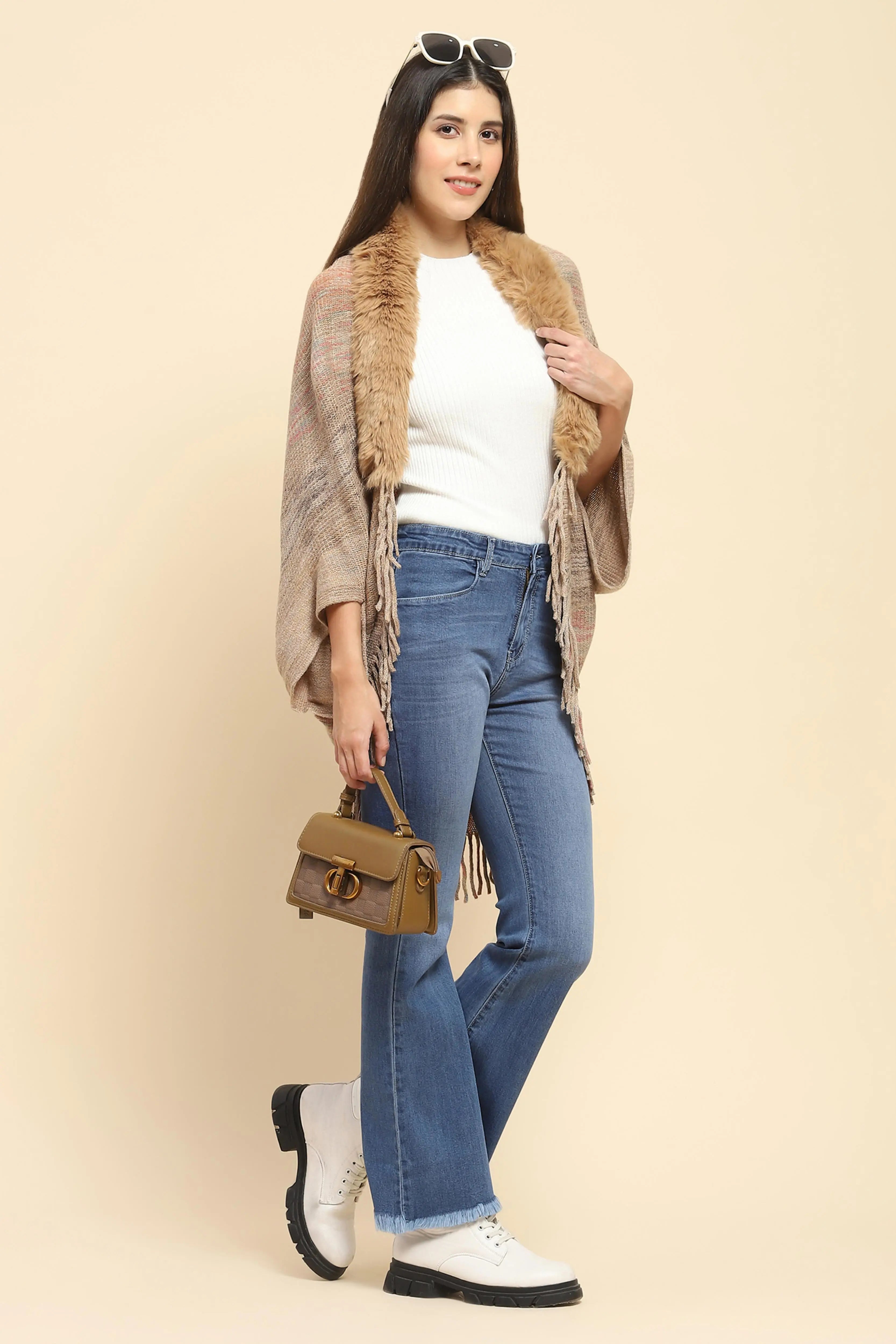 Khaki Mélange Acrylic Knitted Relaxed Fit Cape - Global Republic