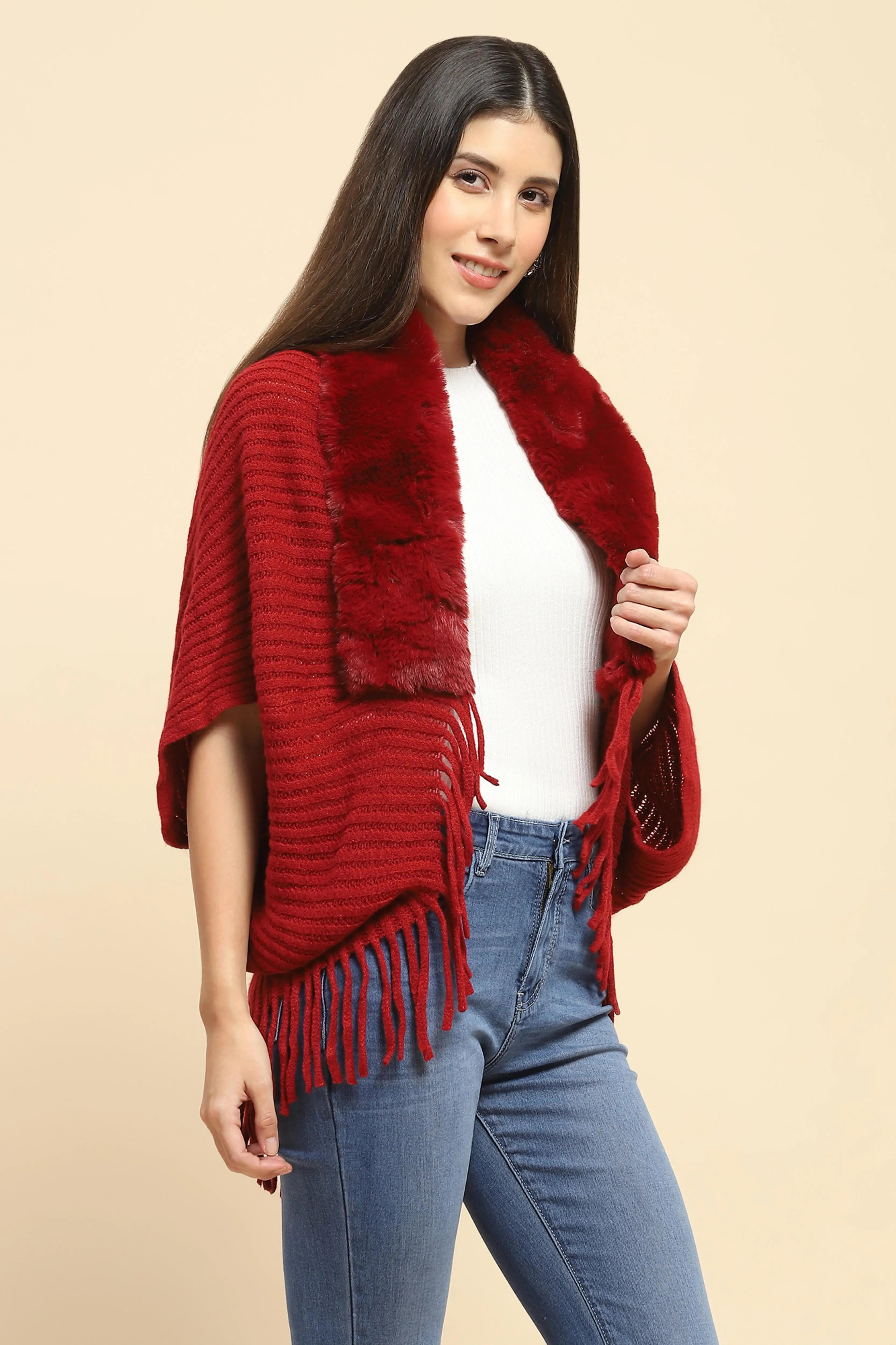 Maroon Acrylic Knitted Cape - Global Republic