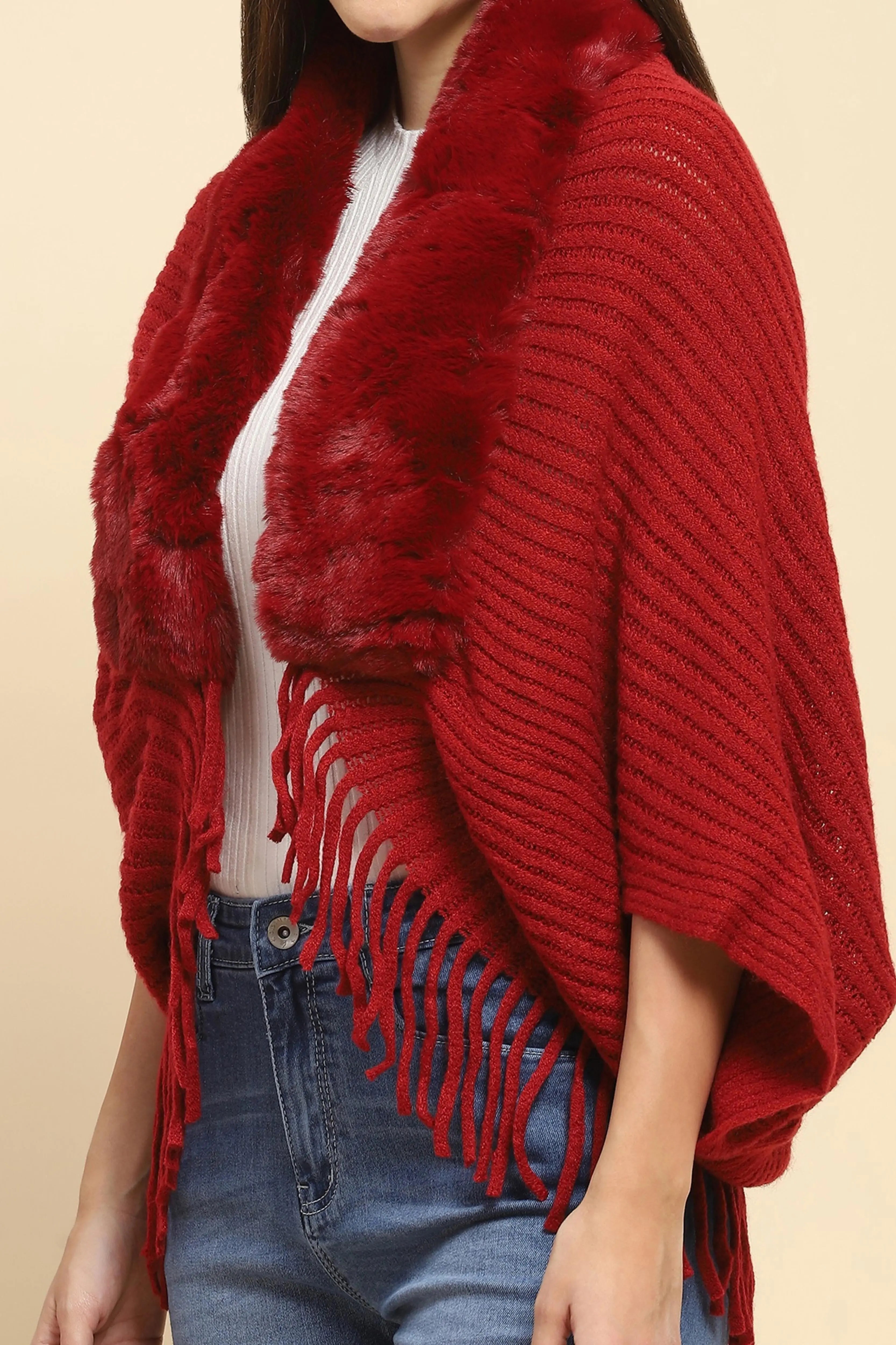 Maroon Acrylic Knitted Cape - Global Republic
