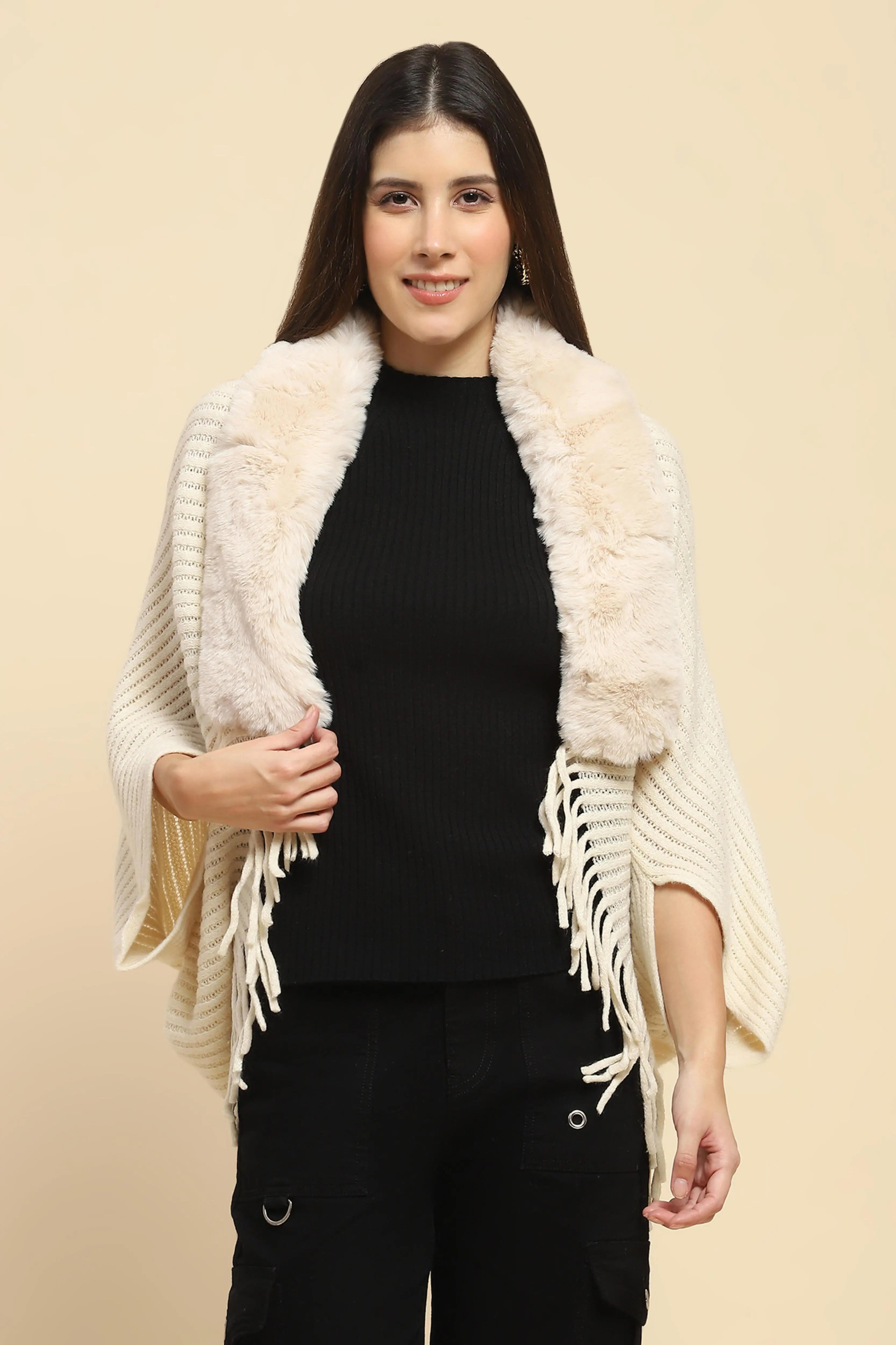 Off White Acrylic Knitted Relaxed Fit Cape - Global Republic