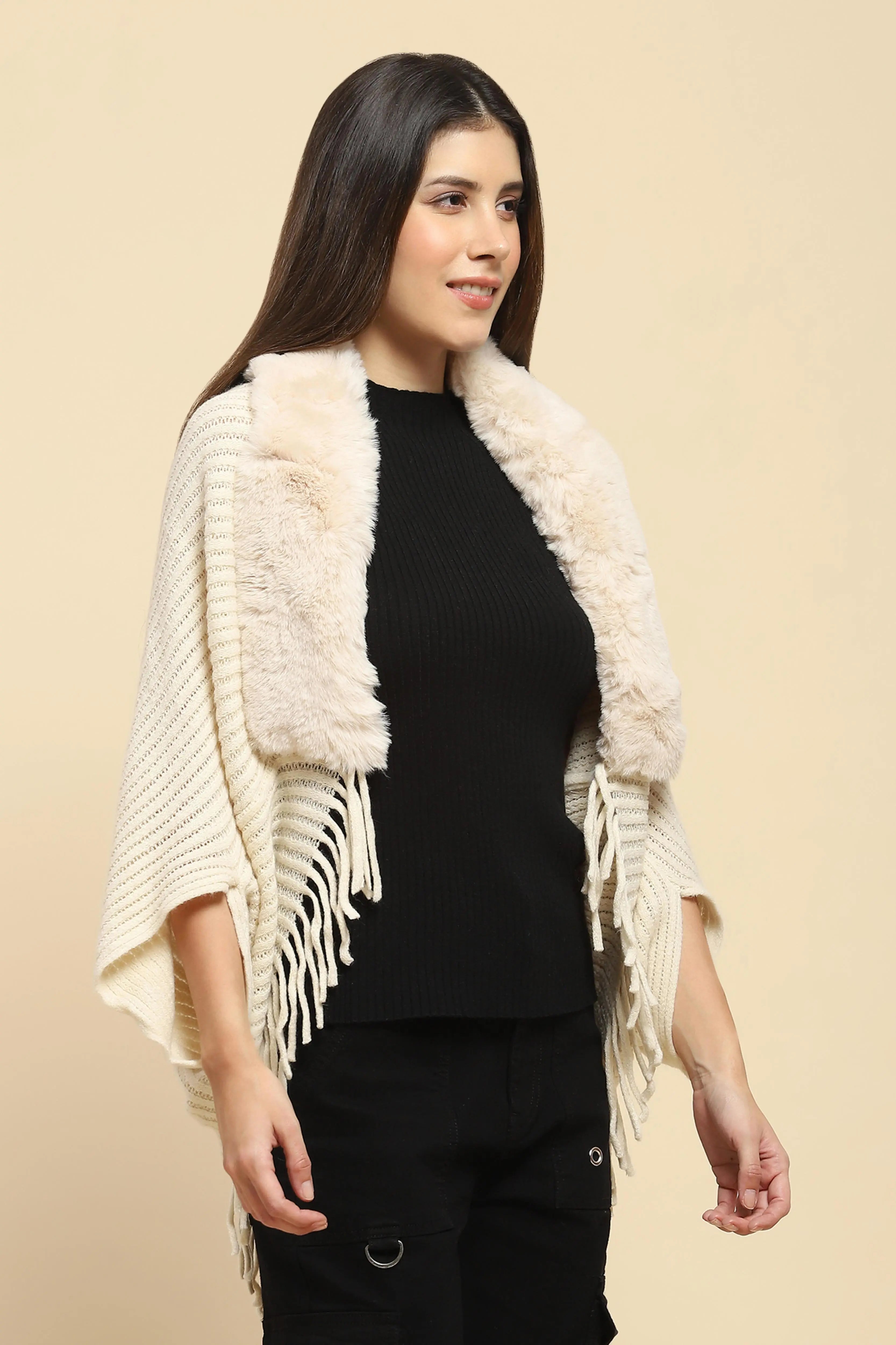 Off White Acrylic Knitted Relaxed Fit Cape - Global Republic