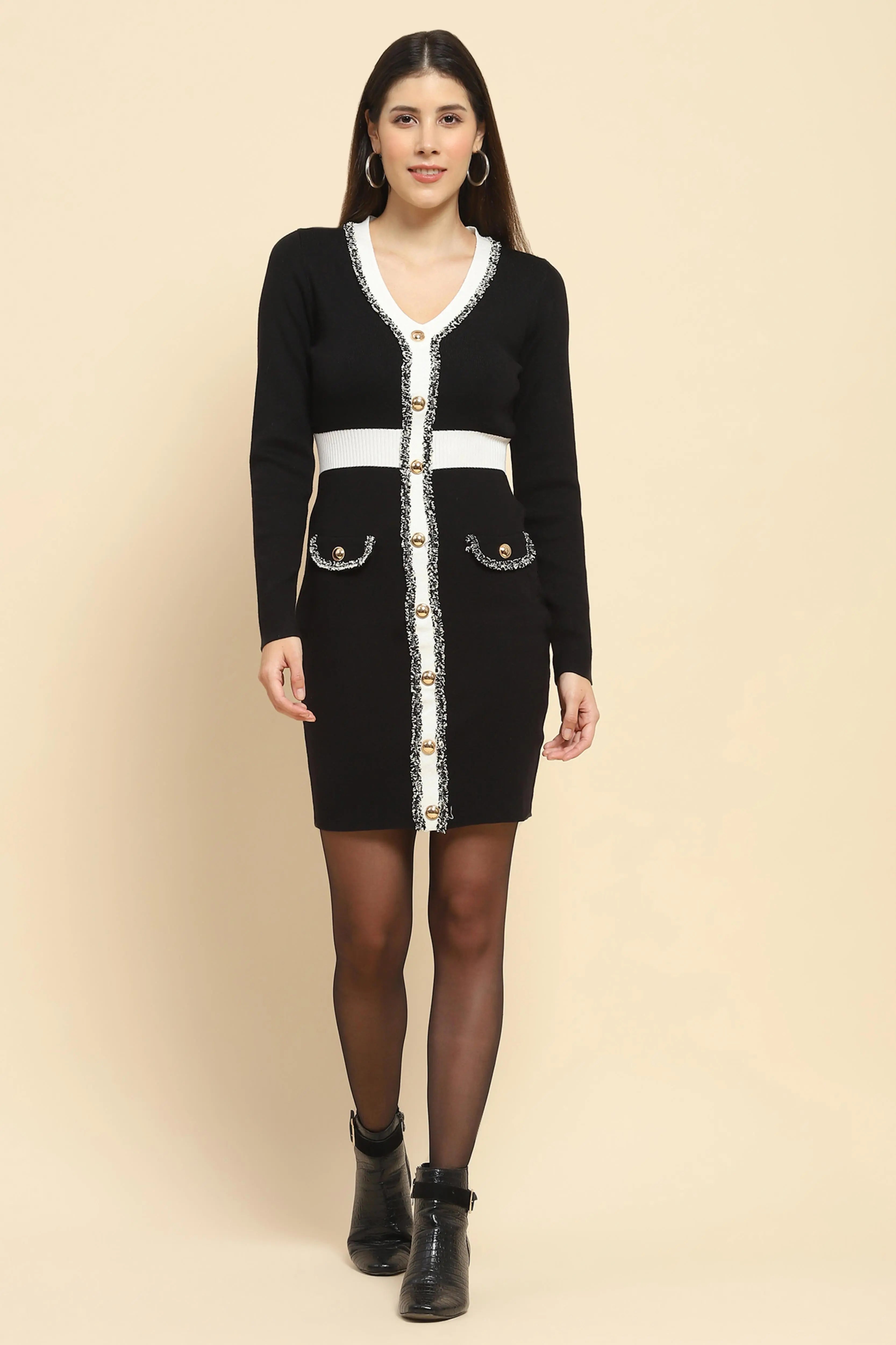 Black Viscose Blend Slim Fit Winter Body Dress For Women - Global Republic