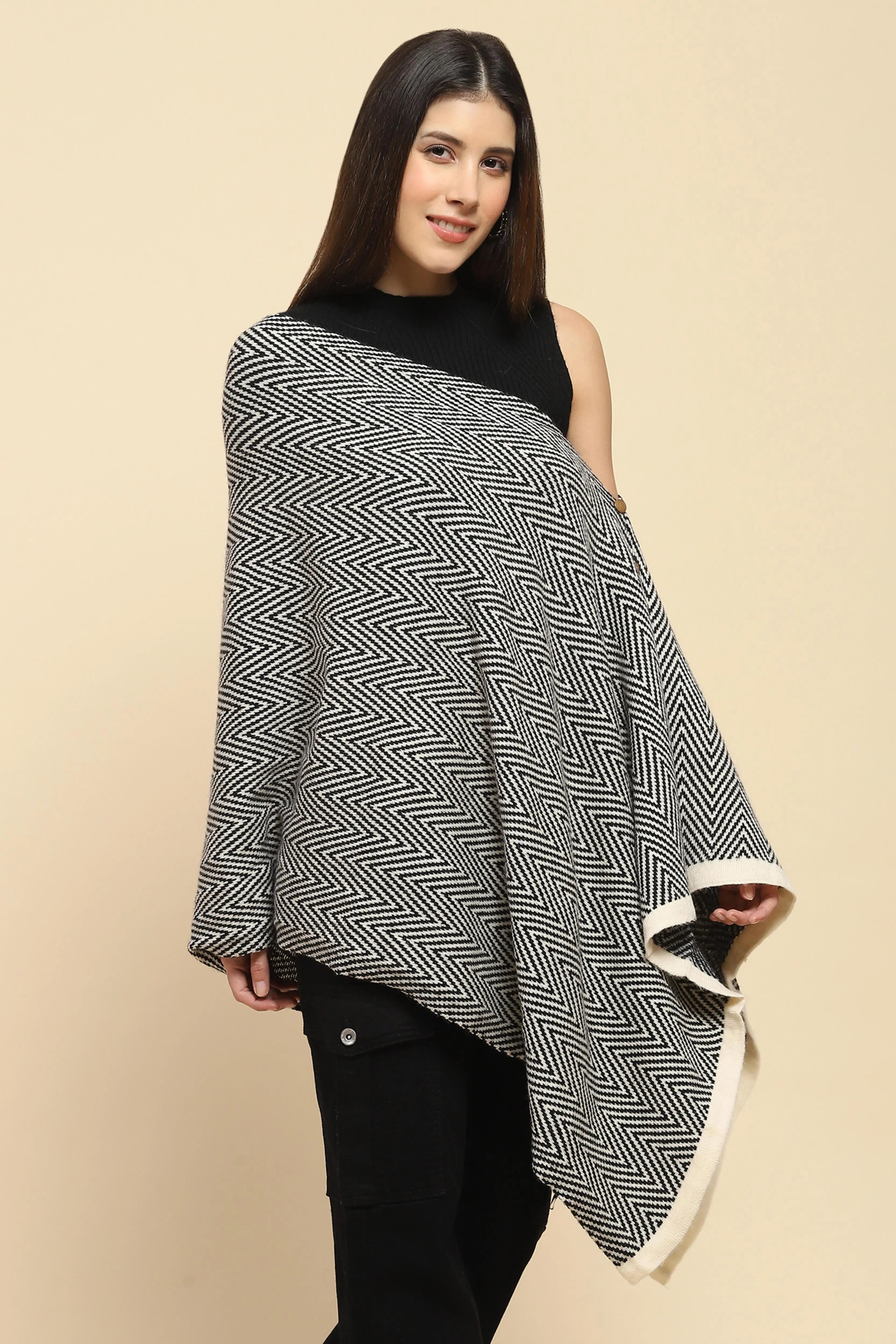 Black Viscose Knitted Loose Cape/Shawl - Global Republic