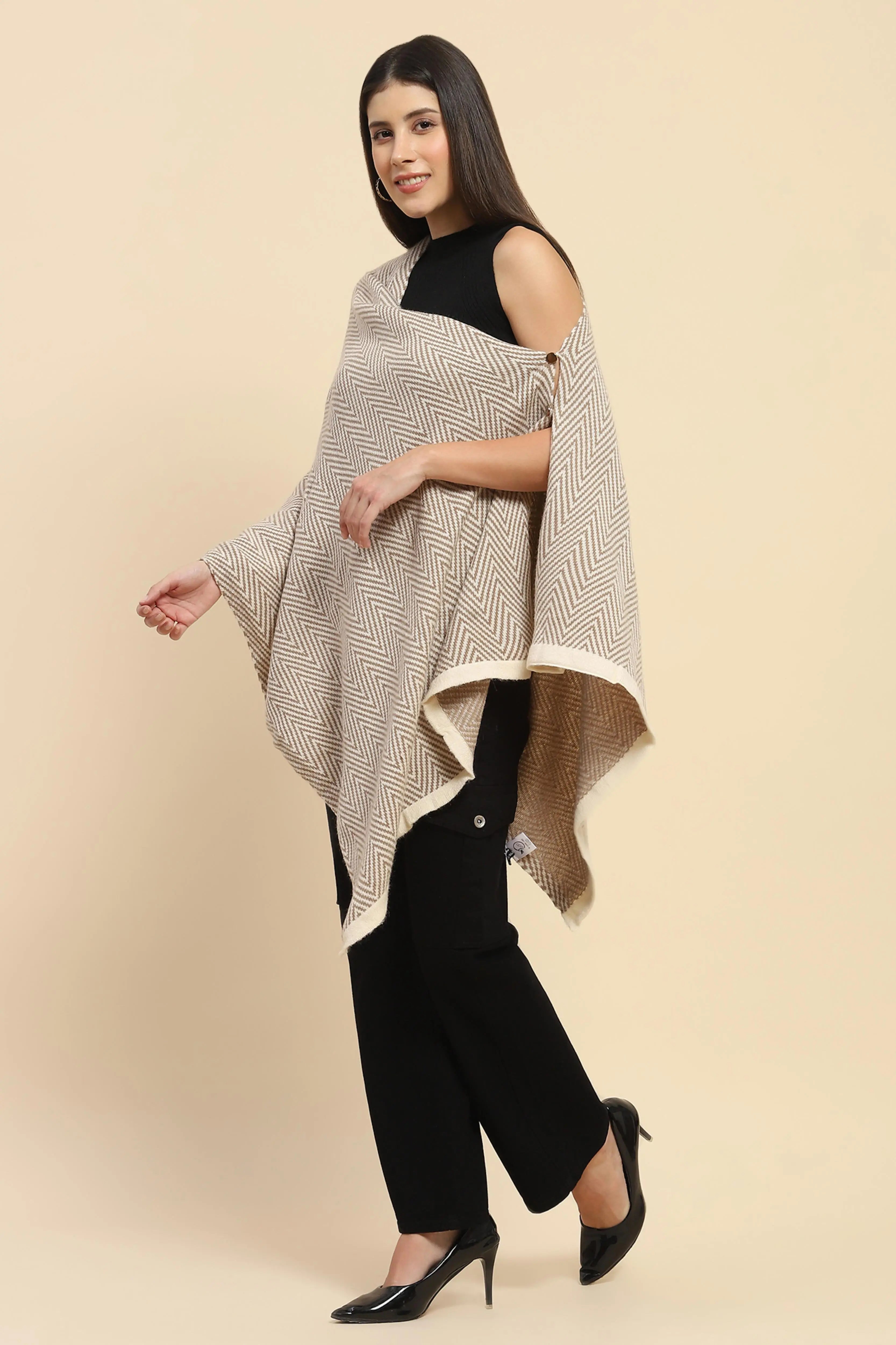Beige Viscose Knitted Loose Cape/ Shawl - Global Republic