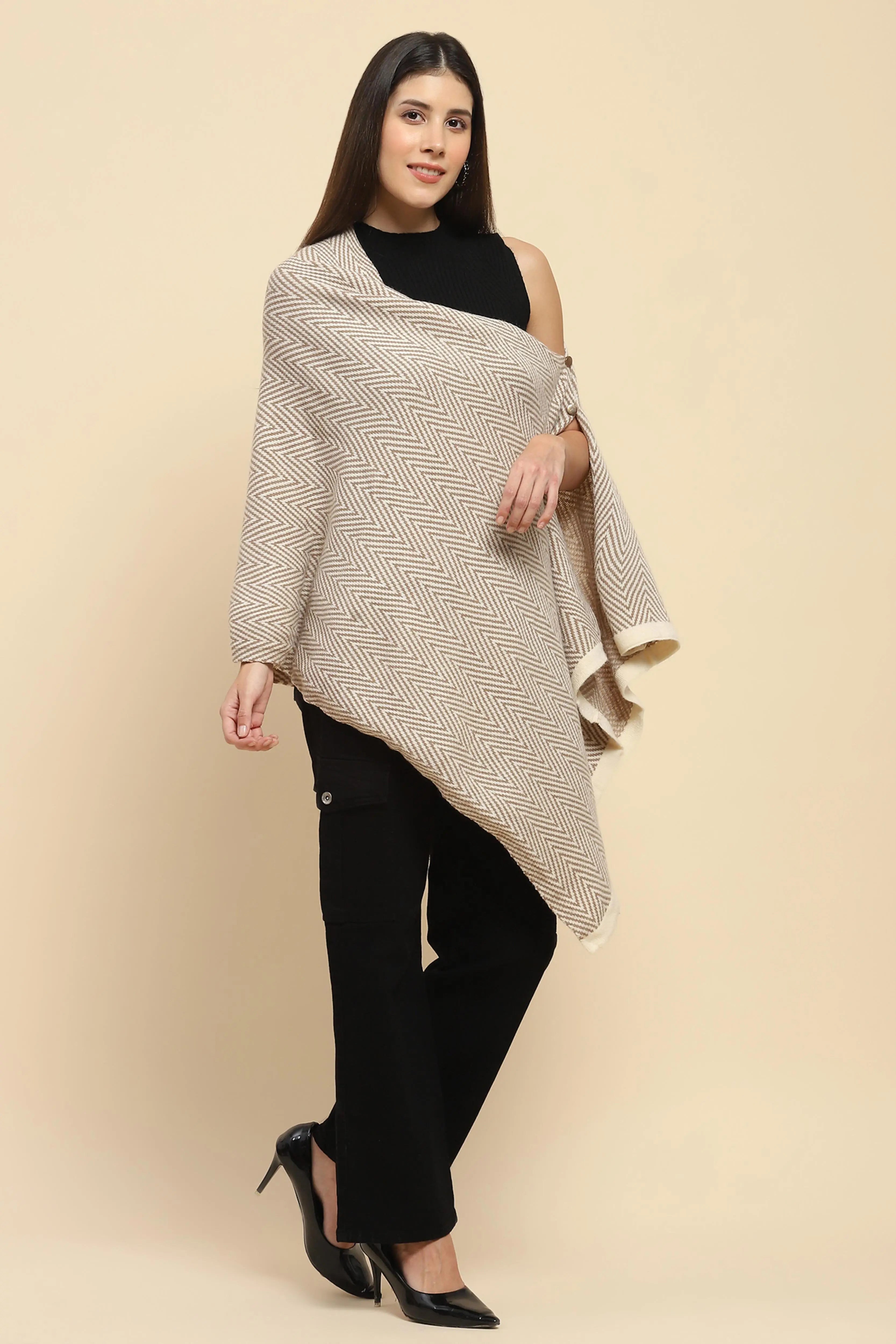 Beige Viscose Knitted Loose Cape/ Shawl - Global Republic