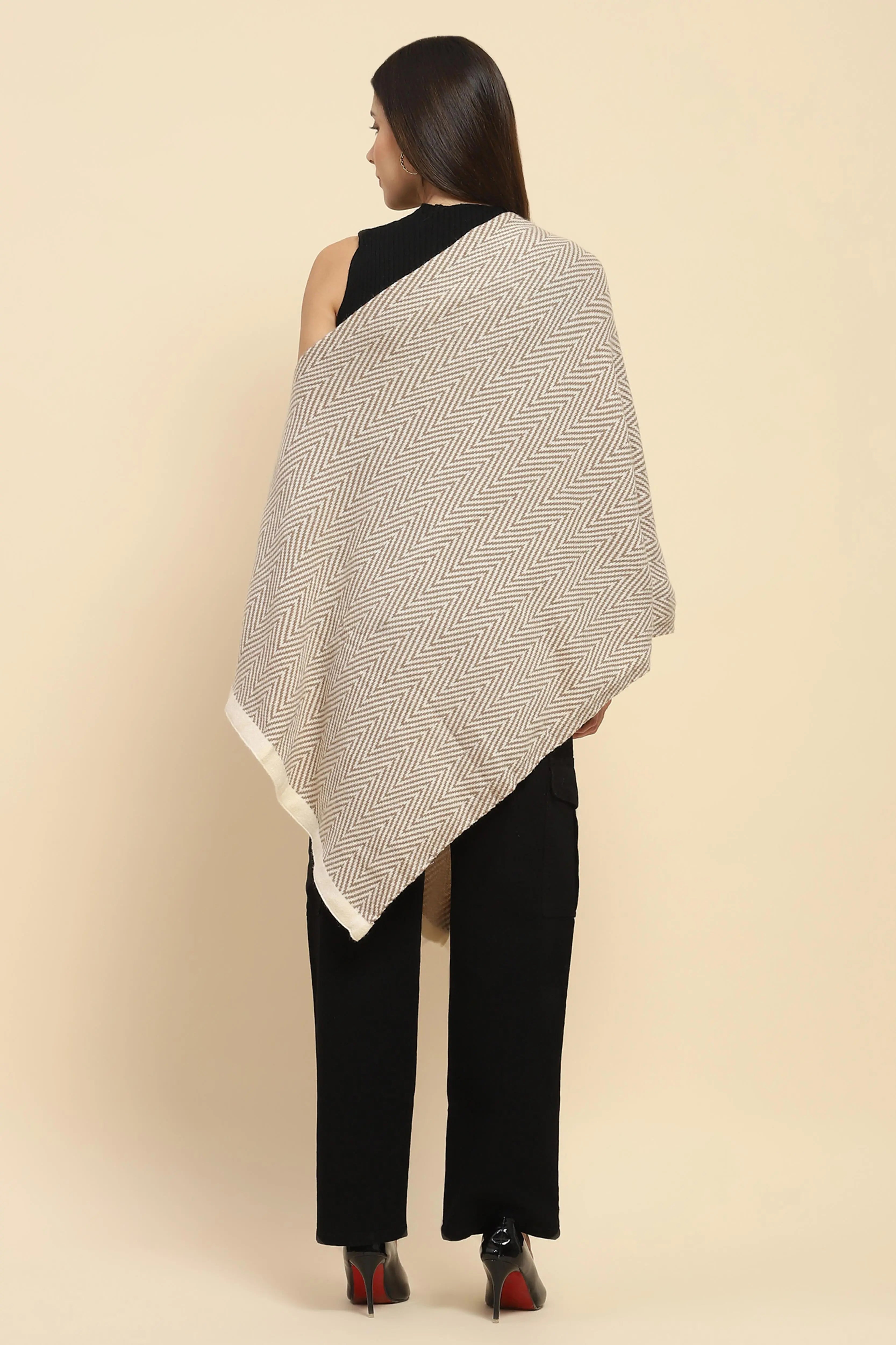 Beige Viscose Knitted Loose Cape/ Shawl - Global Republic
